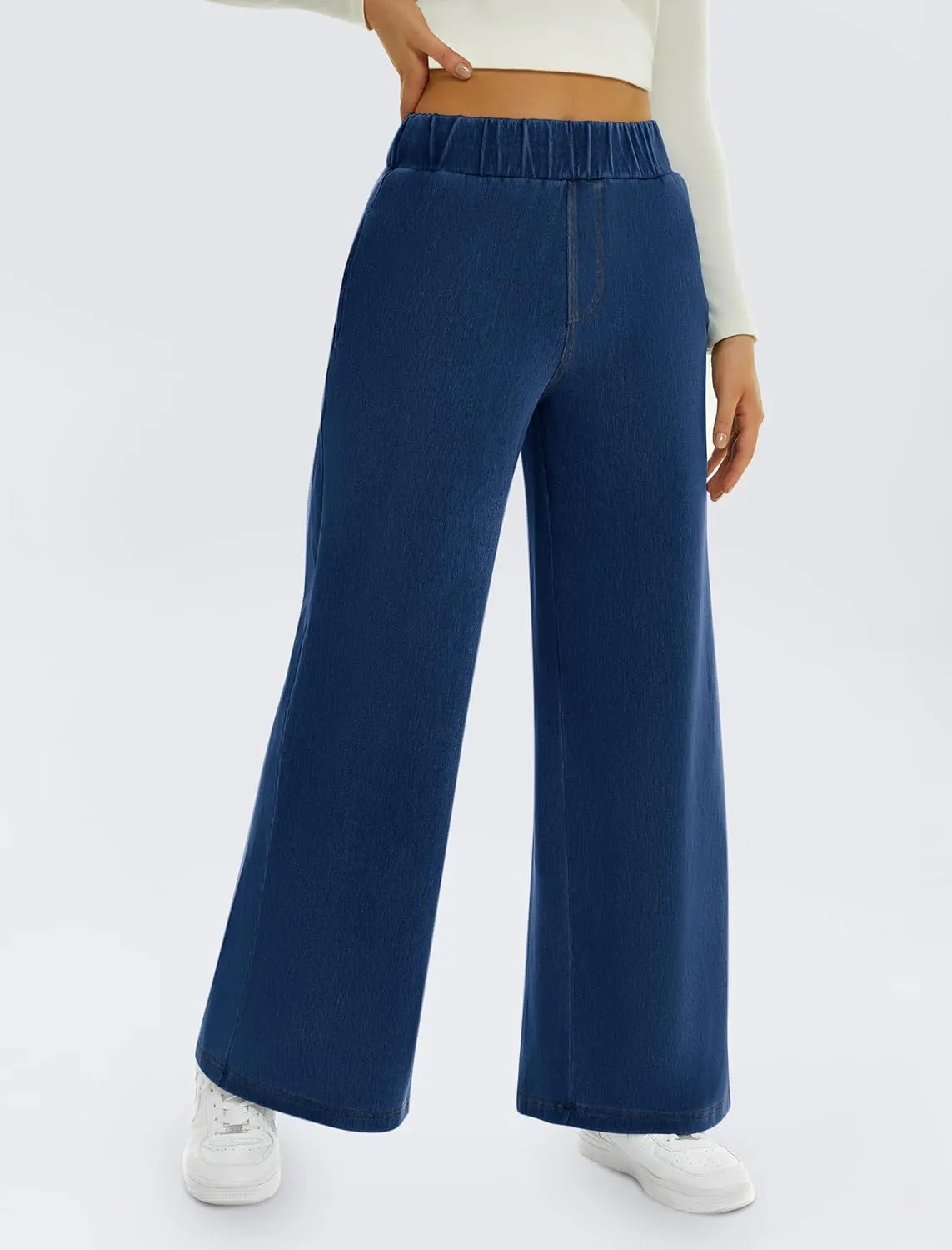 FireSwan Women's Wide Leg Jeans Stretchy Mid Rise Elastic Waist Jeans Baggy Loose Denim Pants with Pockets Trendy Casual