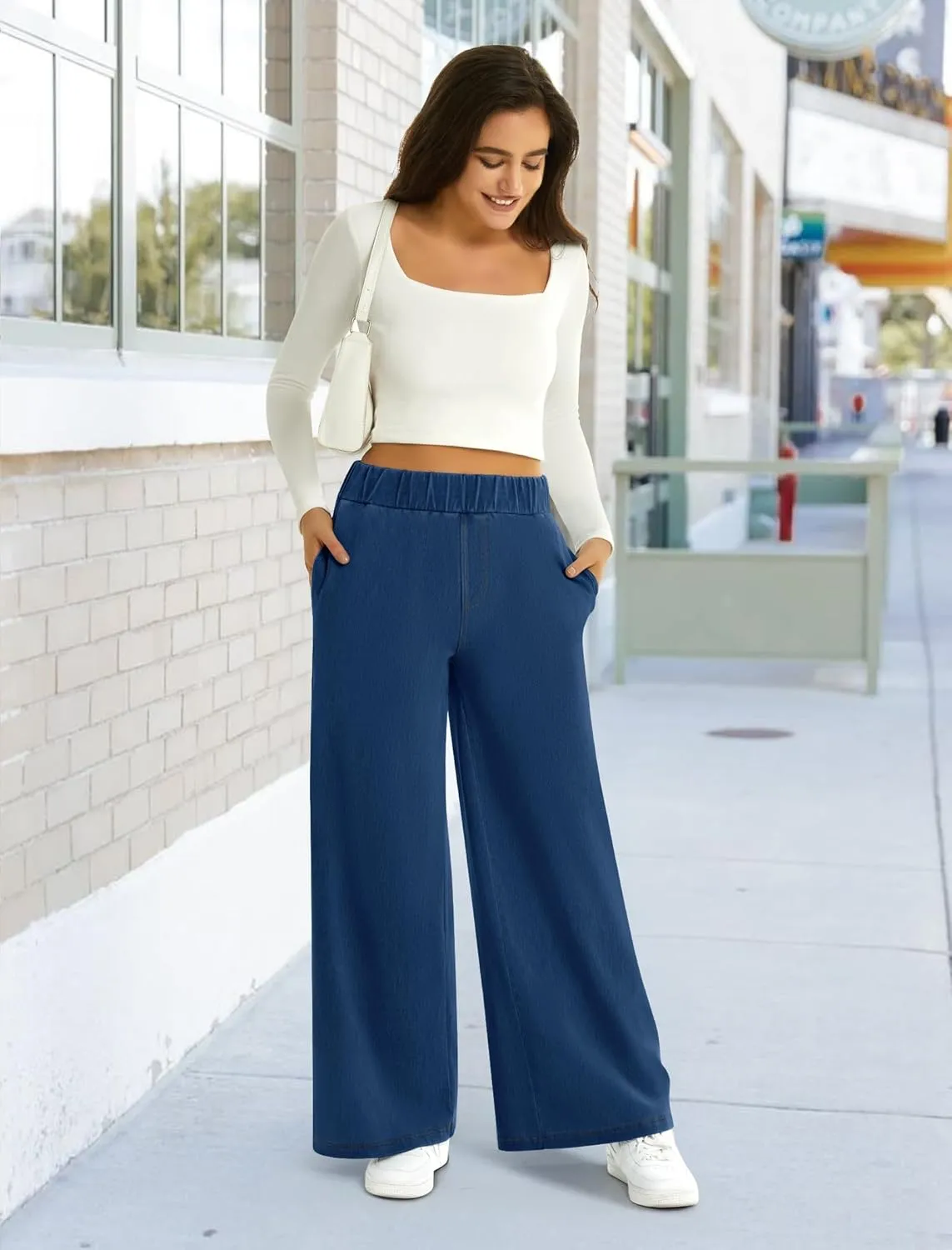 FireSwan Women's Wide Leg Jeans Stretchy Mid Rise Elastic Waist Jeans Baggy Loose Denim Pants with Pockets Trendy Casual