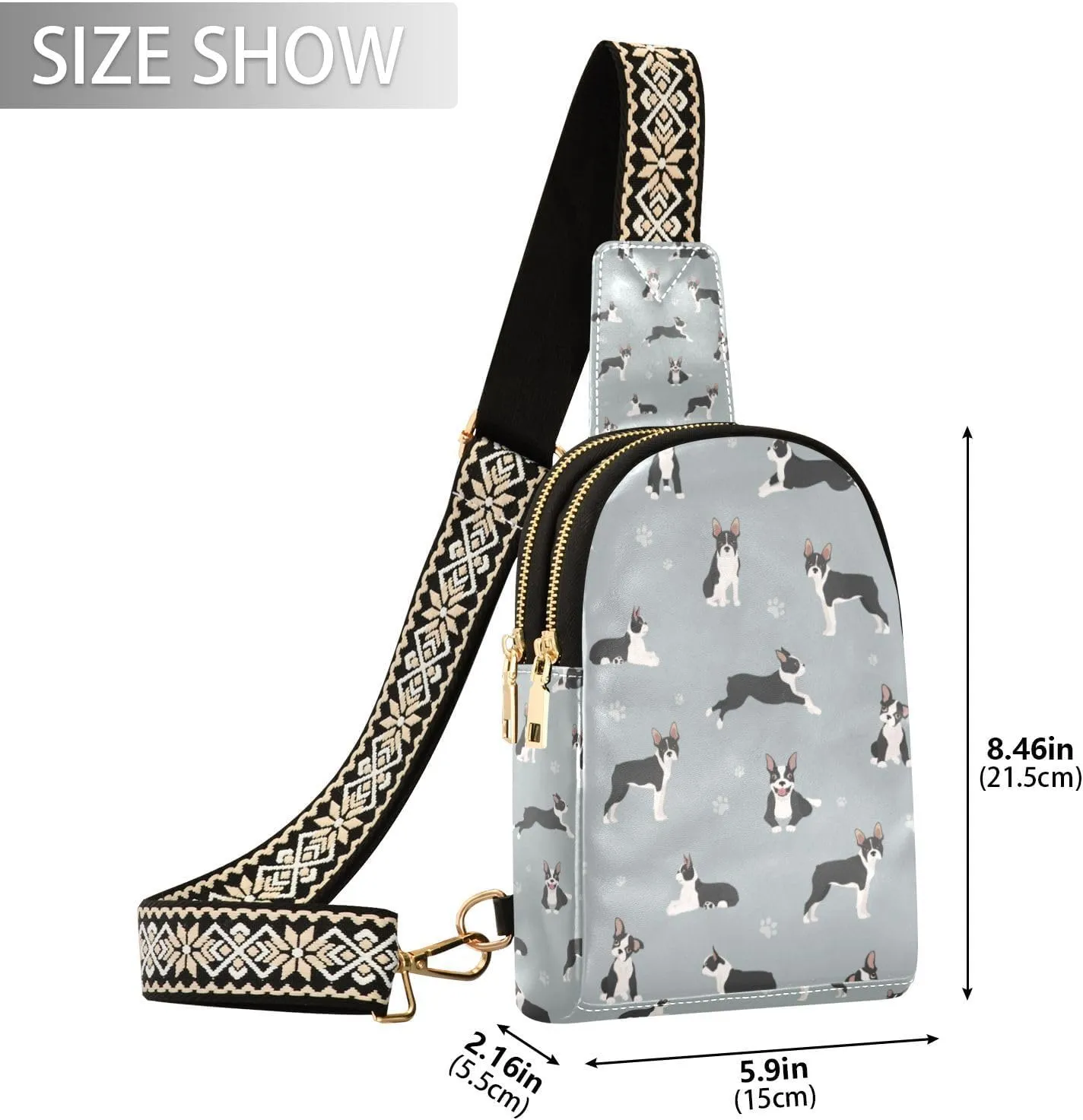 Fisyme Boston Terrier Dog Paw Small Sling Bag for Women Fashion Waist Packs Leather Crossbody Fanny Pack Purse for Travel