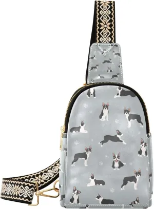 Fisyme Boston Terrier Dog Paw Small Sling Bag for Women Fashion Waist Packs Leather Crossbody Fanny Pack Purse for Travel