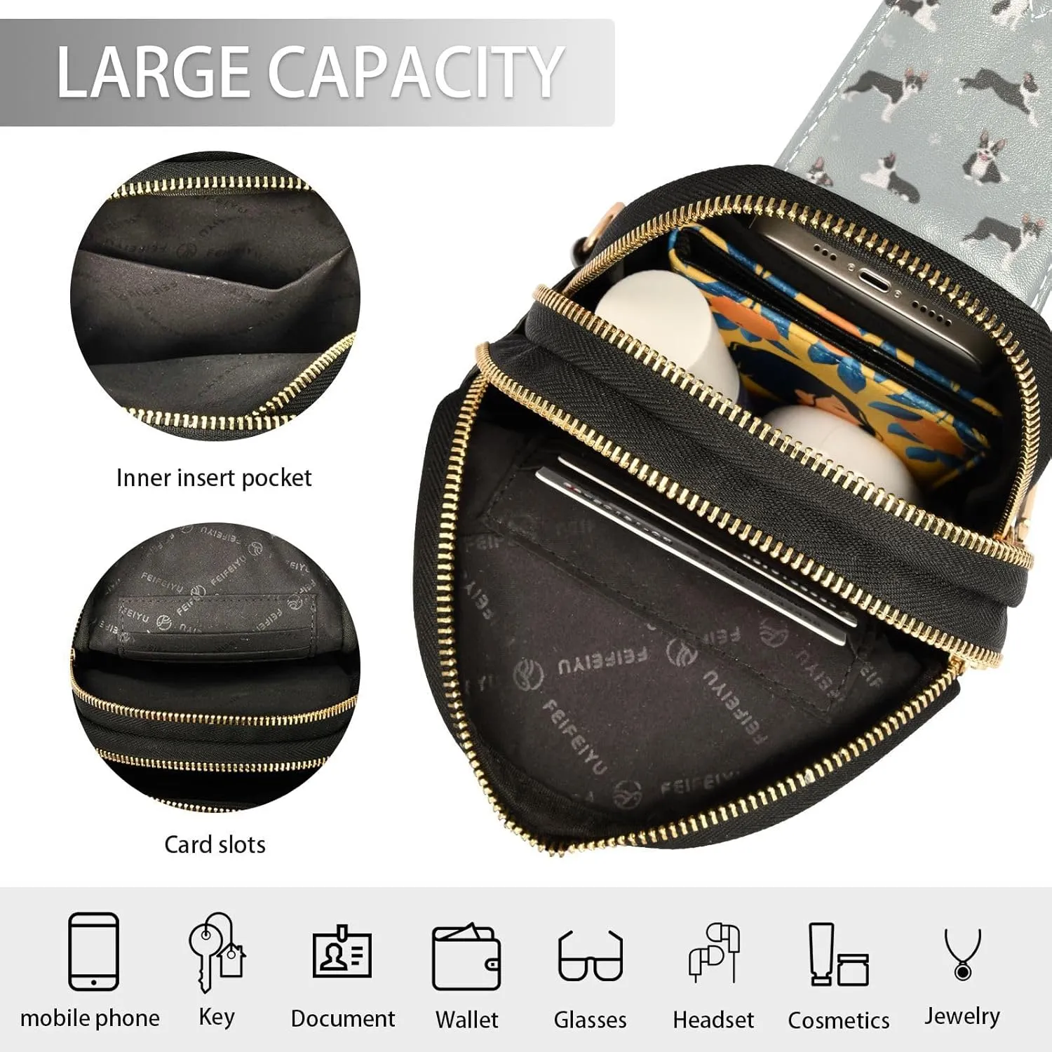 Fisyme Boston Terrier Dog Paw Small Sling Bag for Women Fashion Waist Packs Leather Crossbody Fanny Pack Purse for Travel