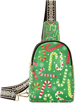 Fisyme Christmas Candy Cane Small Sling Bag for Women Fashion Waist Packs Leather Crossbody Fanny Pack Purse for Travel
