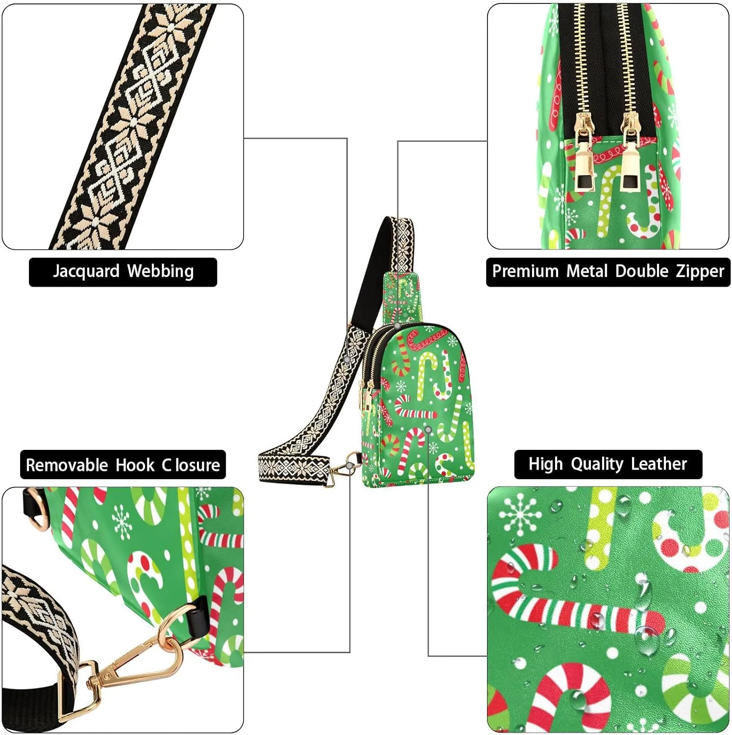 Fisyme Christmas Candy Cane Small Sling Bag for Women Fashion Waist Packs Leather Crossbody Fanny Pack Purse for Travel