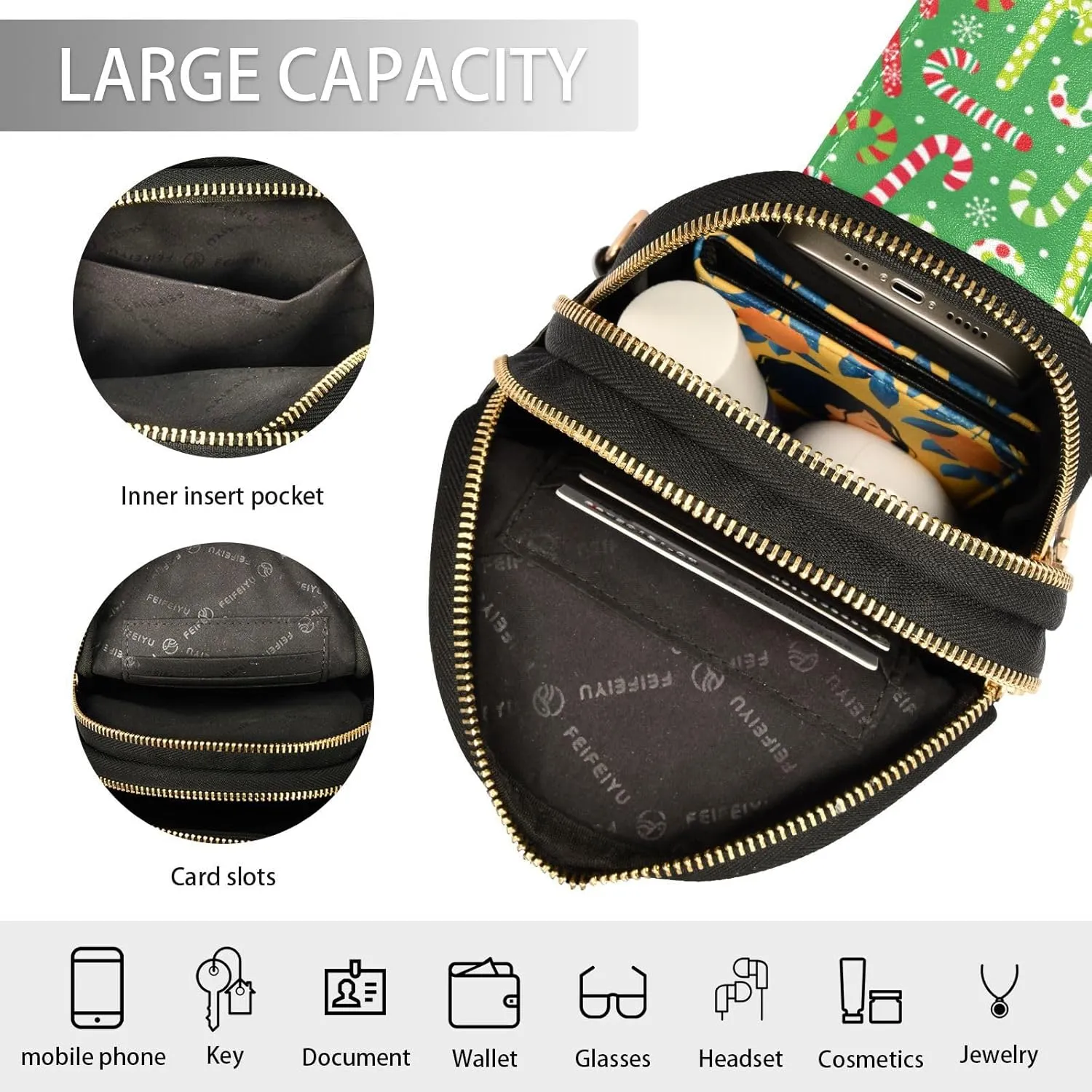 Fisyme Christmas Candy Cane Small Sling Bag for Women Fashion Waist Packs Leather Crossbody Fanny Pack Purse for Travel