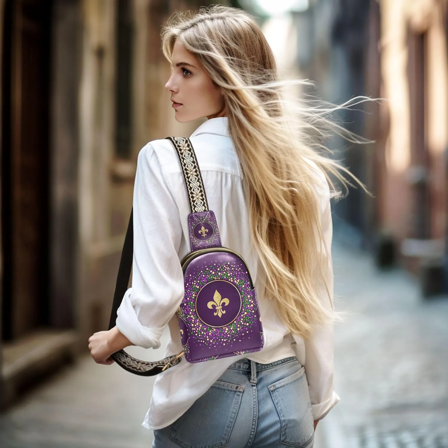 Fisyme Mardi Gras Carnival Small Sling Bag for Women Fashion Waist Packs Leather Crossbody Fanny Packs Purse for Travel