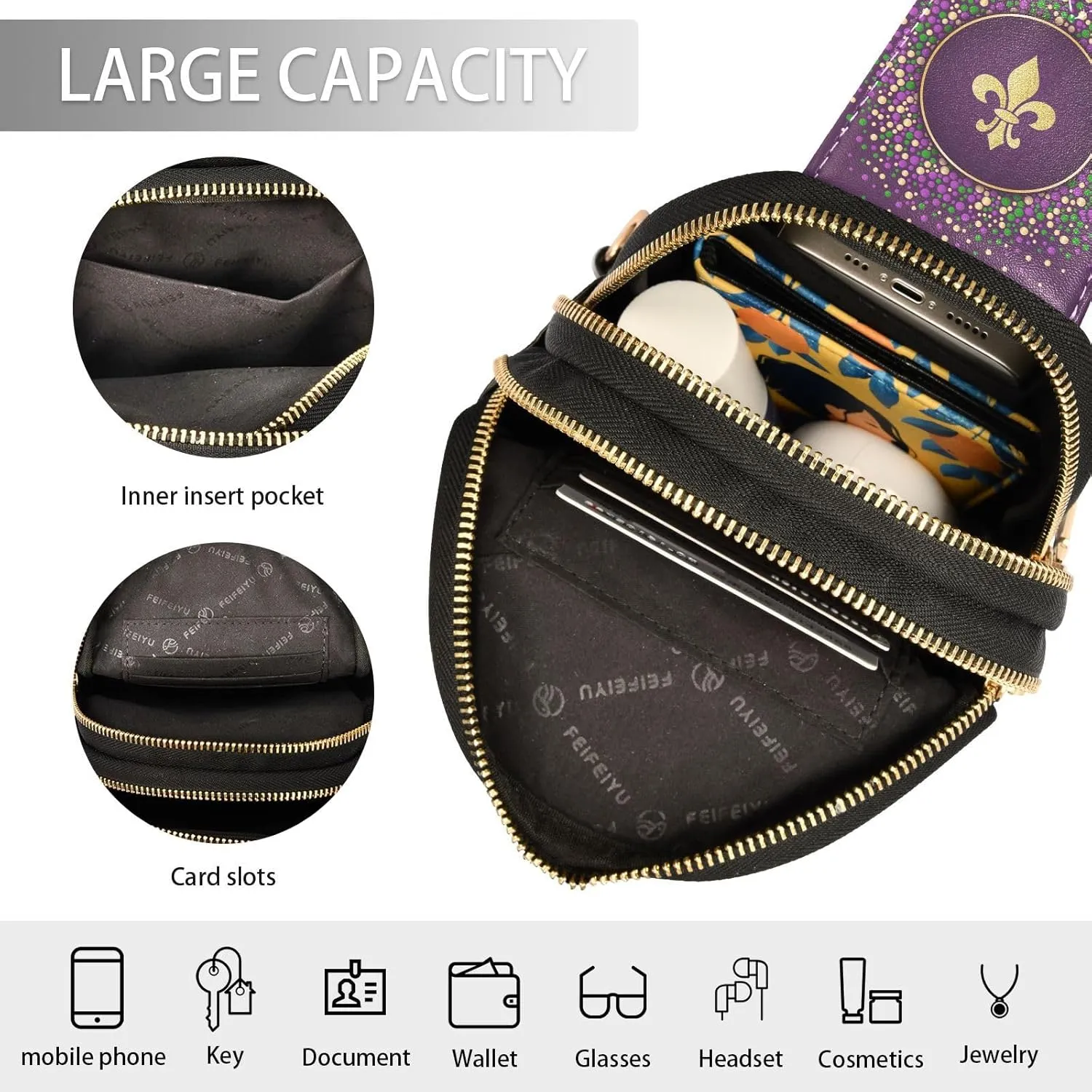 Fisyme Mardi Gras Carnival Small Sling Bag for Women Fashion Waist Packs Leather Crossbody Fanny Packs Purse for Travel