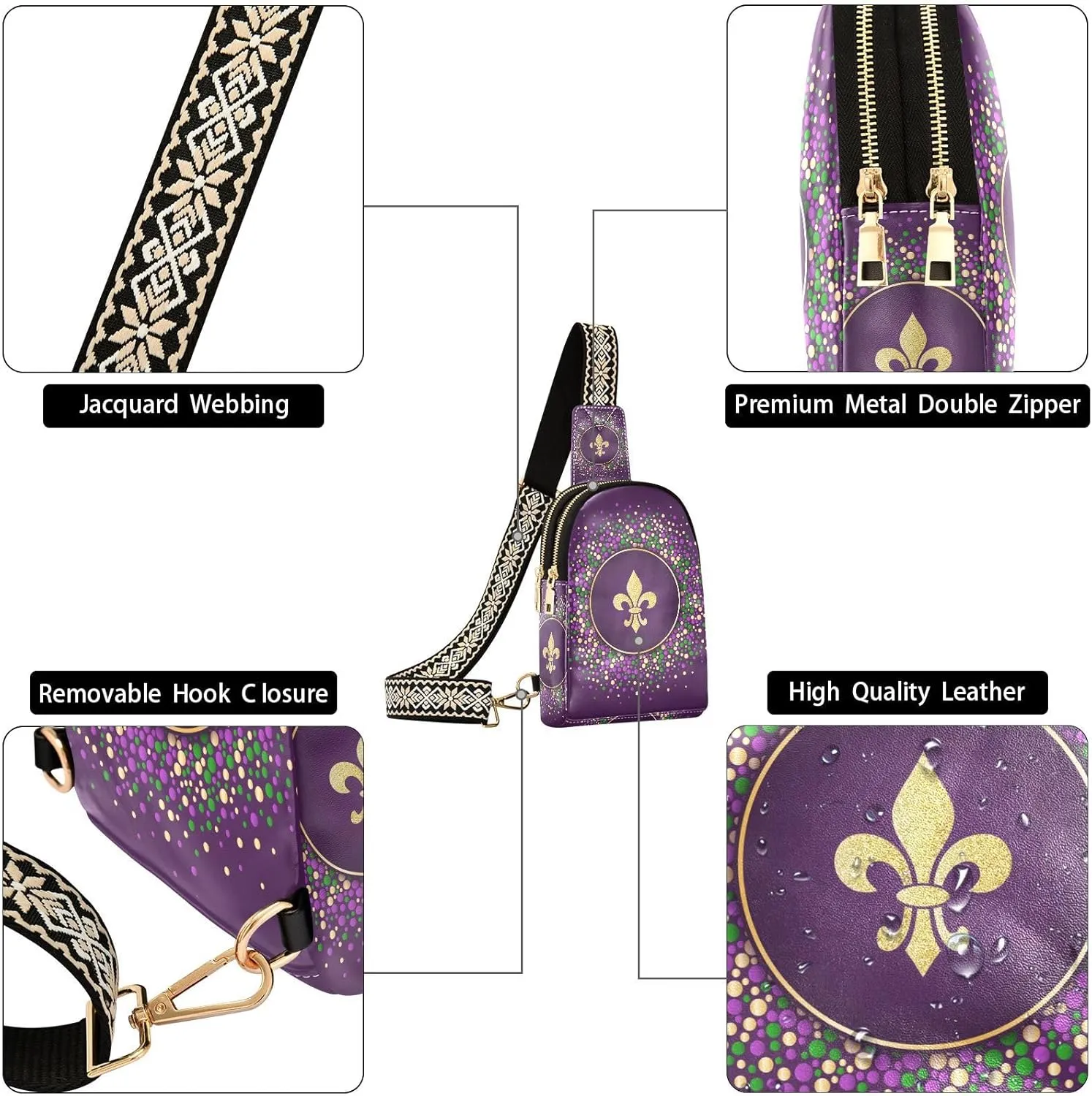 Fisyme Mardi Gras Carnival Small Sling Bag for Women Fashion Waist Packs Leather Crossbody Fanny Packs Purse for Travel