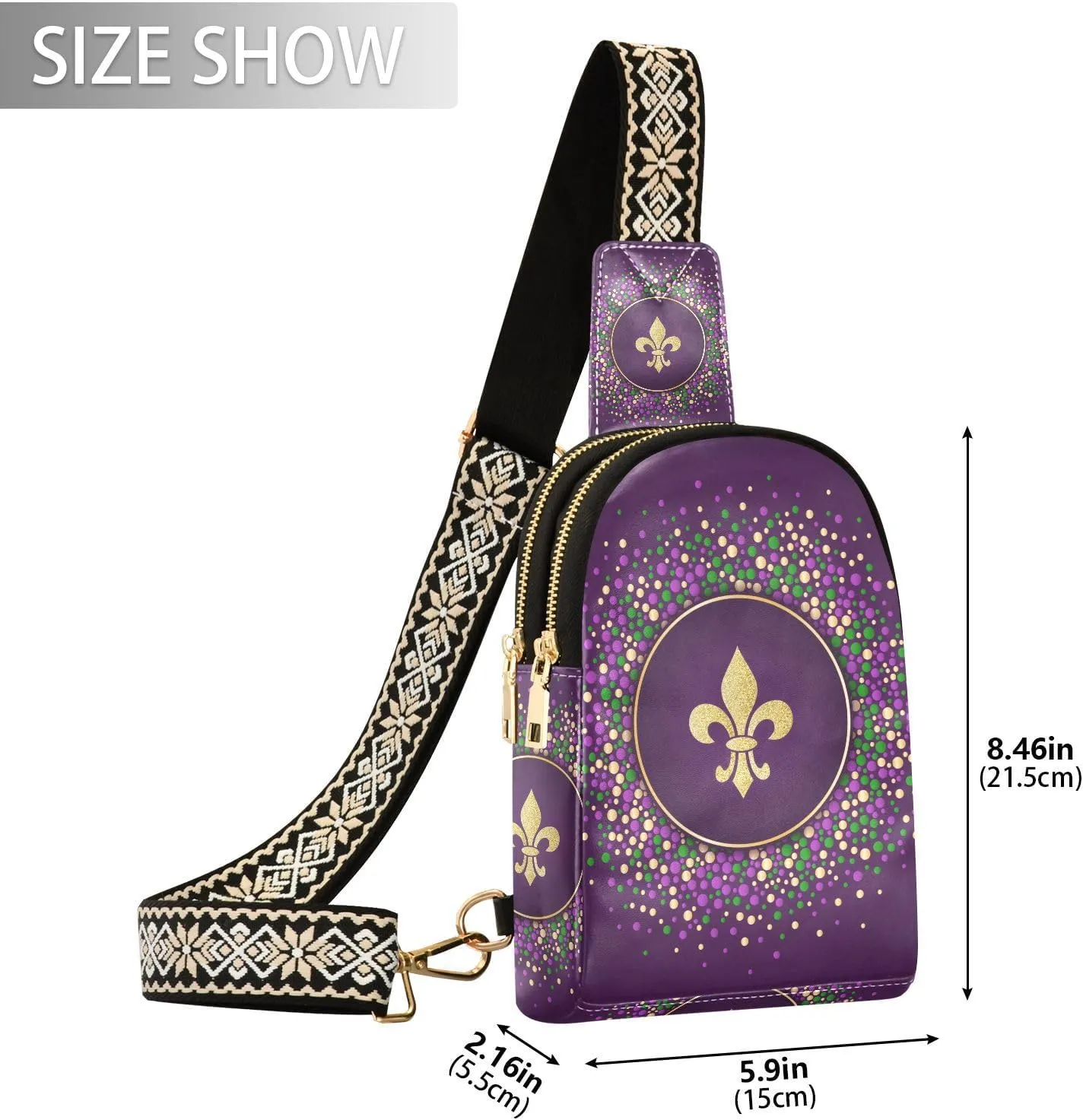 Fisyme Mardi Gras Carnival Small Sling Bag for Women Fashion Waist Packs Leather Crossbody Fanny Packs Purse for Travel