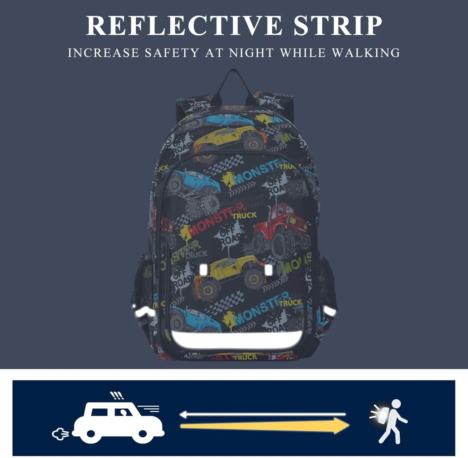 Fisyme Monster Truck Car Colorful School Backpack Laptop Backpack Bags Bookbag Travel Casual Computer Notebooks Daypack
