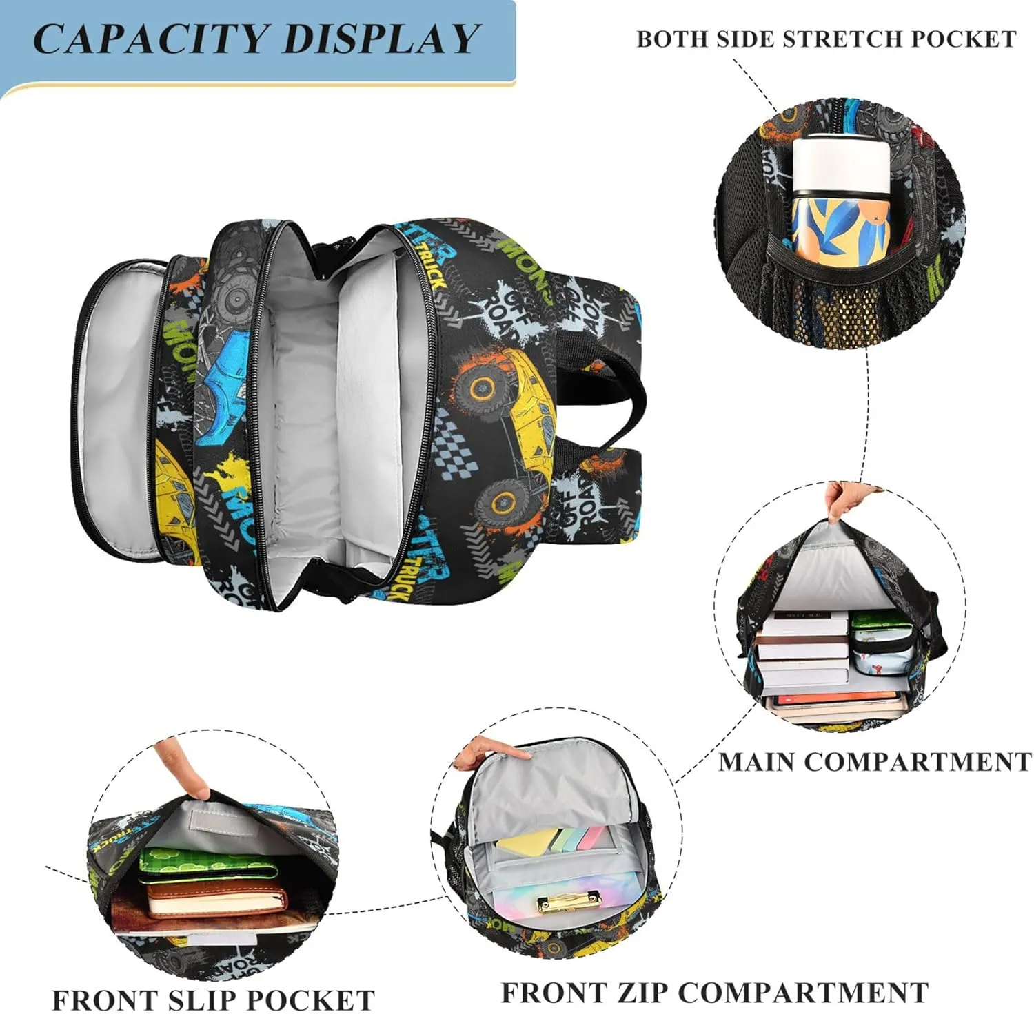 Fisyme Monster Truck Car Colorful School Backpack Laptop Backpack Bags Bookbag Travel Casual Computer Notebooks Daypack