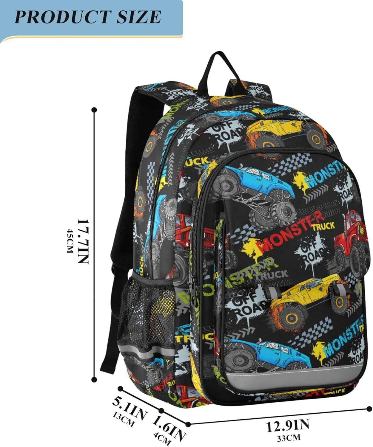 Fisyme Monster Truck Car Colorful School Backpack Laptop Backpack Bags Bookbag Travel Casual Computer Notebooks Daypack