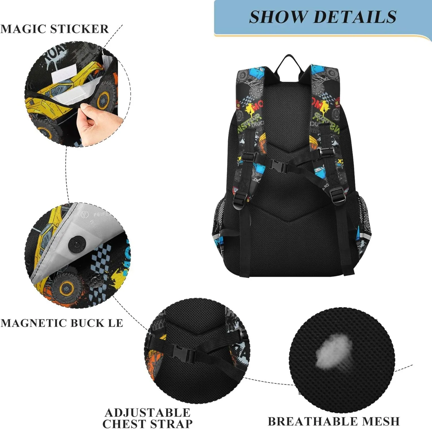 Fisyme Monster Truck Car Colorful School Backpack Laptop Backpack Bags Bookbag Travel Casual Computer Notebooks Daypack