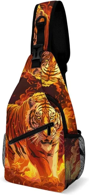 Flame Tiger Funny Crossbody Sling Bag Novelty Chest Bags Shoulder Backpack For Travel Hiking 15×8×4 Inches