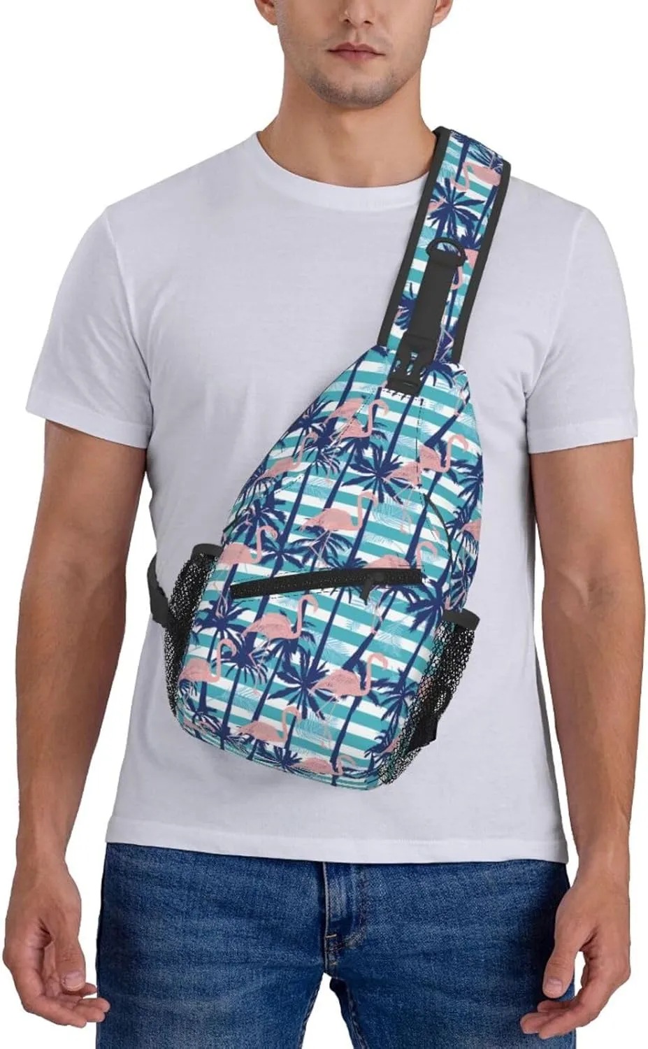 Flamingo Palm Tree Chest Sling Bag Crossbody Shoulder Backpack Bag Gym Cycling Daypack Travel Hiking Cross Bag