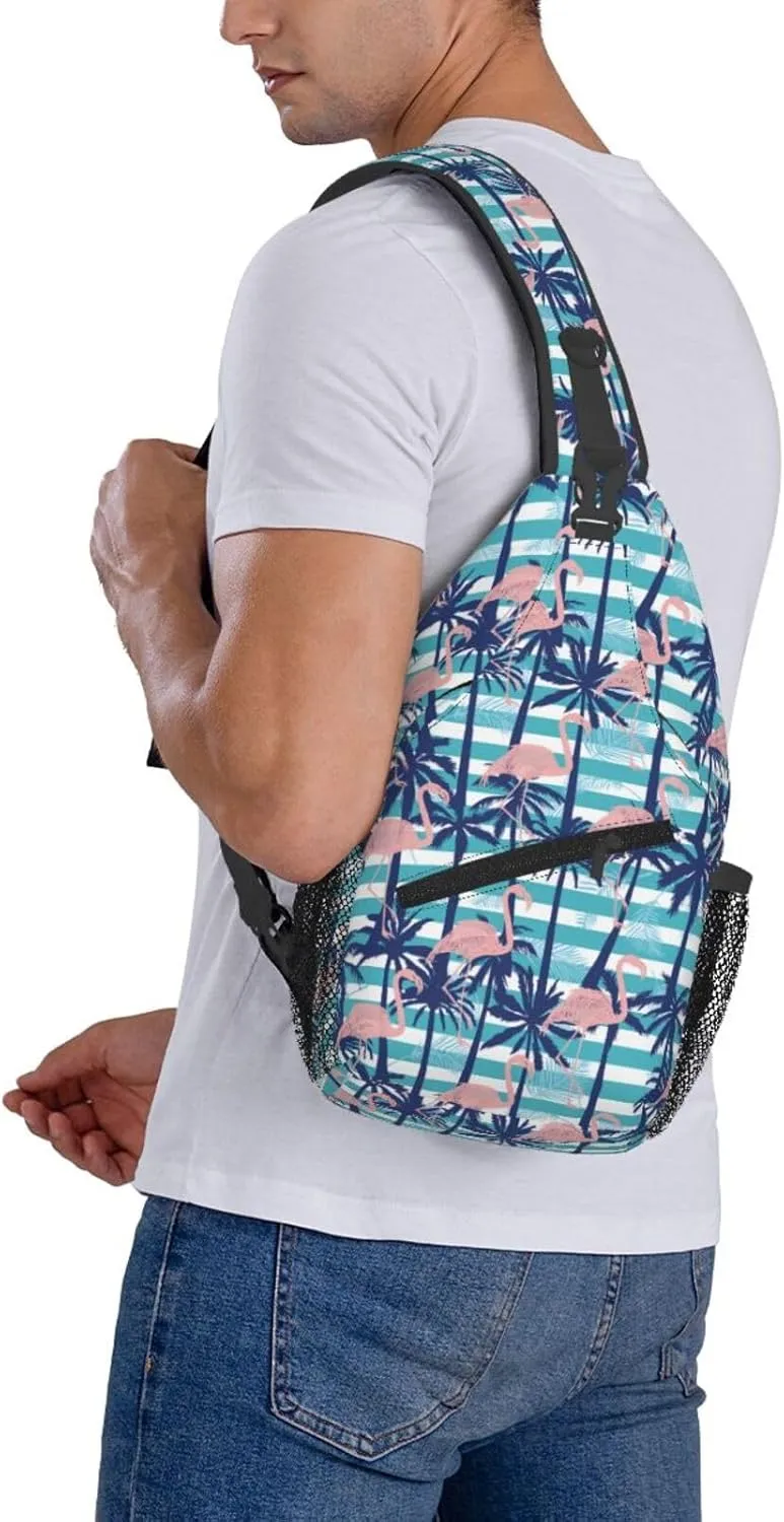 Flamingo Palm Tree Chest Sling Bag Crossbody Shoulder Backpack Bag Gym Cycling Daypack Travel Hiking Cross Bag
