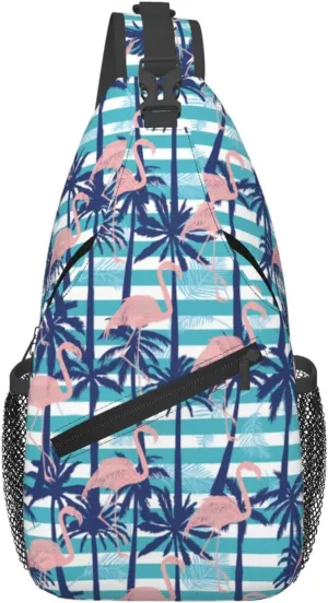 Flamingo Palm Tree Chest Sling Bag Crossbody Shoulder Backpack Bag Gym Cycling Daypack Travel Hiking Cross Bag