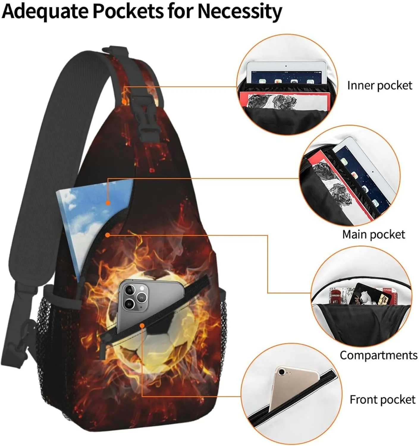 Flamy Football Chest Sling Bag Crossbody Shoulder Backpack Bag Gym Cycling Daypack Travel Hiking Cross Bag