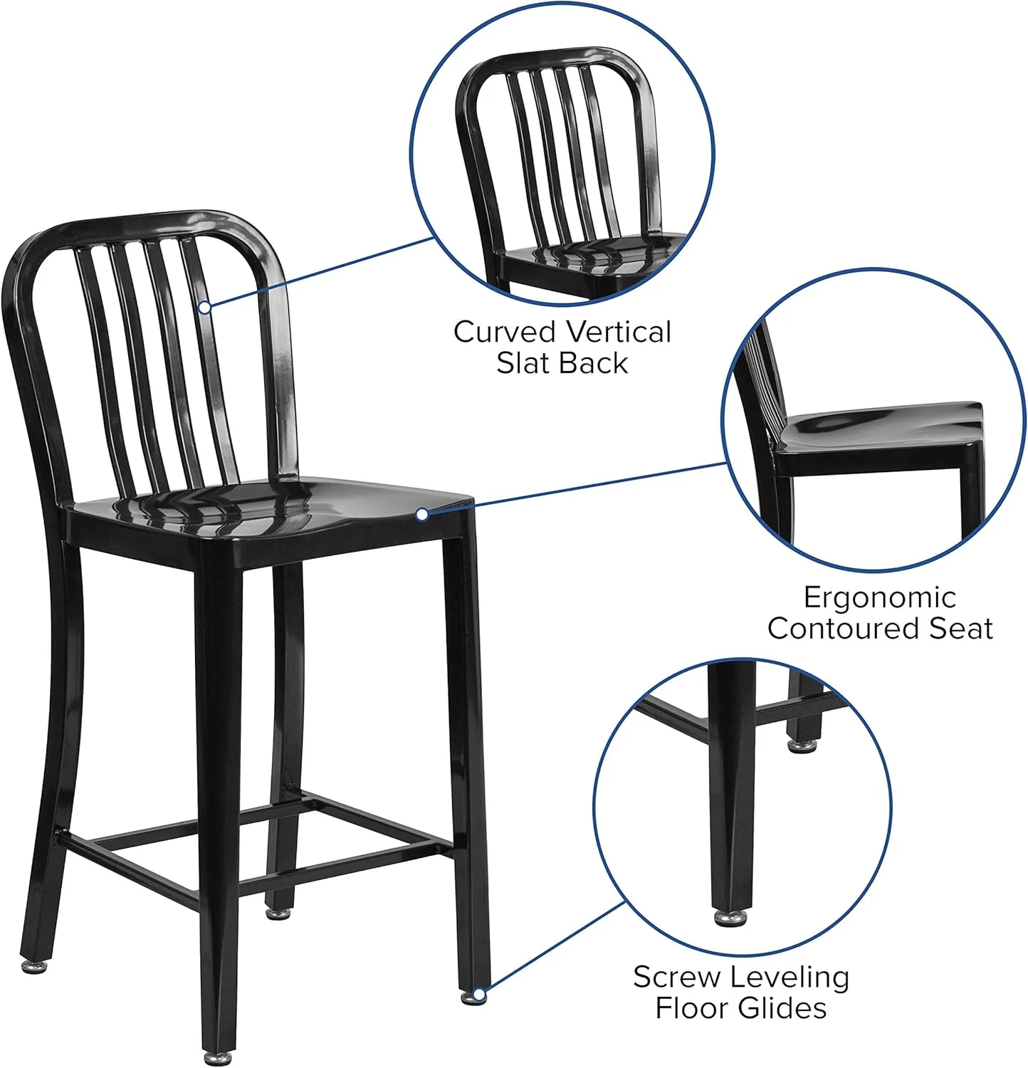 Flash Furniture Commercial Grade 24" High Black Metal Indoor-Outdoor Counter Height Stool with Vertical Slat Back