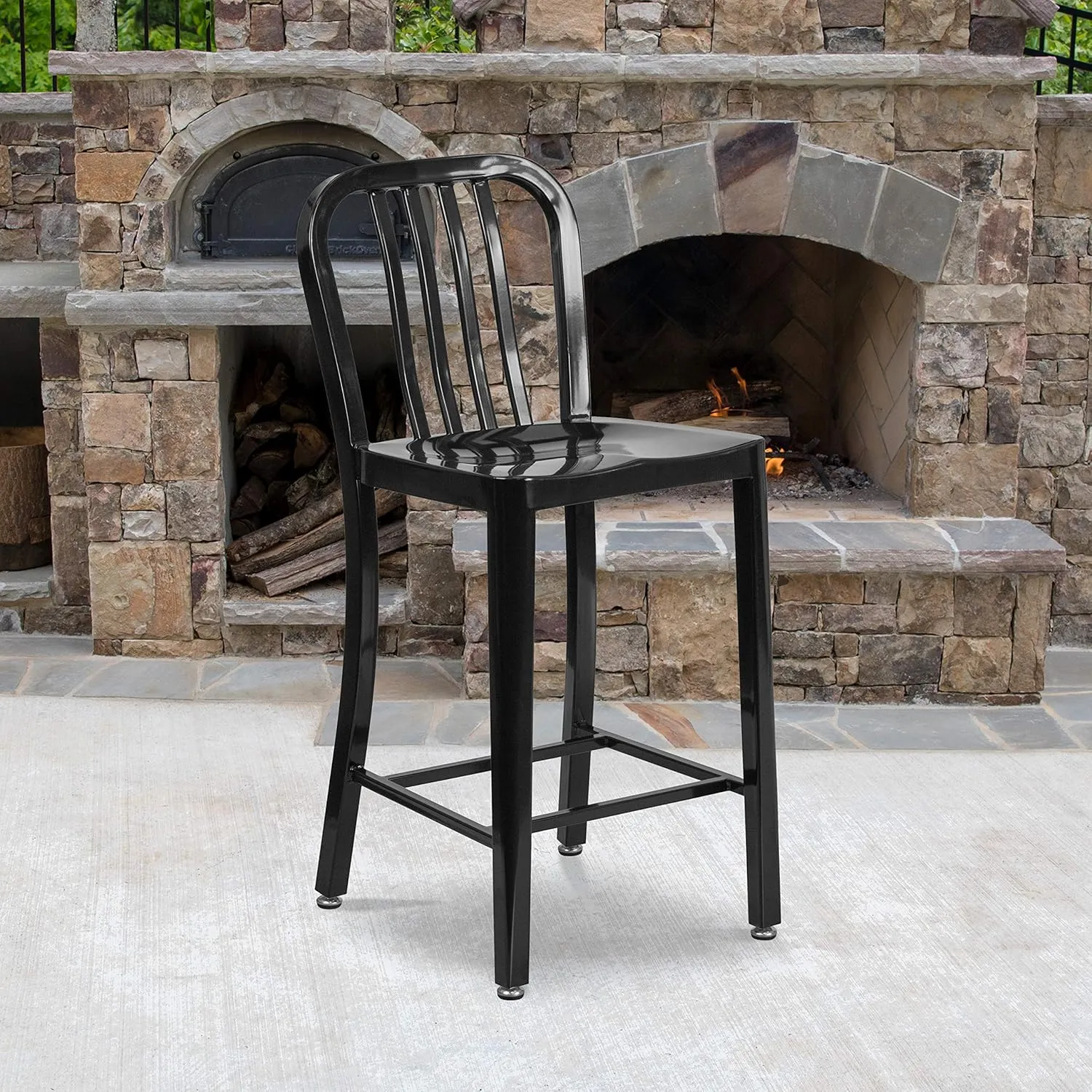 Flash Furniture Commercial Grade 24" High Black Metal Indoor-Outdoor Counter Height Stool with Vertical Slat Back