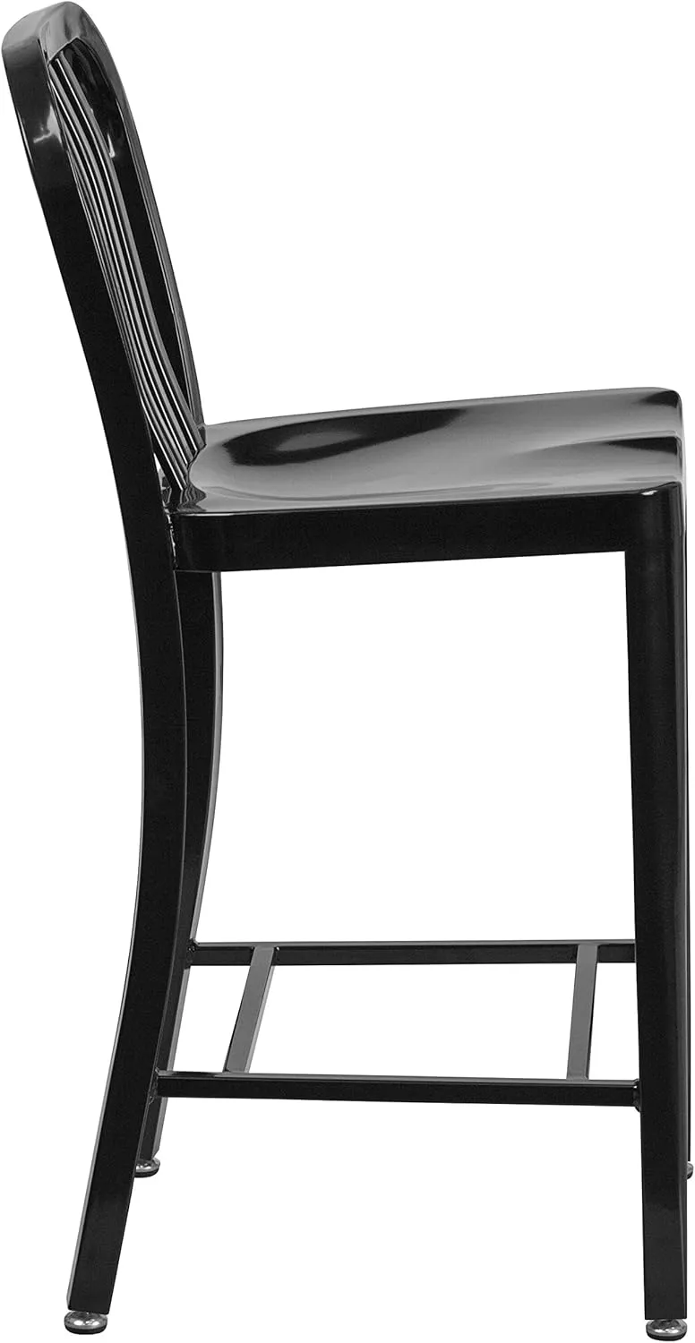 Flash Furniture Commercial Grade 24" High Black Metal Indoor-Outdoor Counter Height Stool with Vertical Slat Back