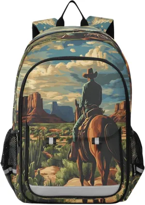 Flip Student Backpack Desert America Troops Cowboy School Bookbag with Reflective Stripe,Laptop Backpack for Outdoor Camping Travel Daypack Casual Bags