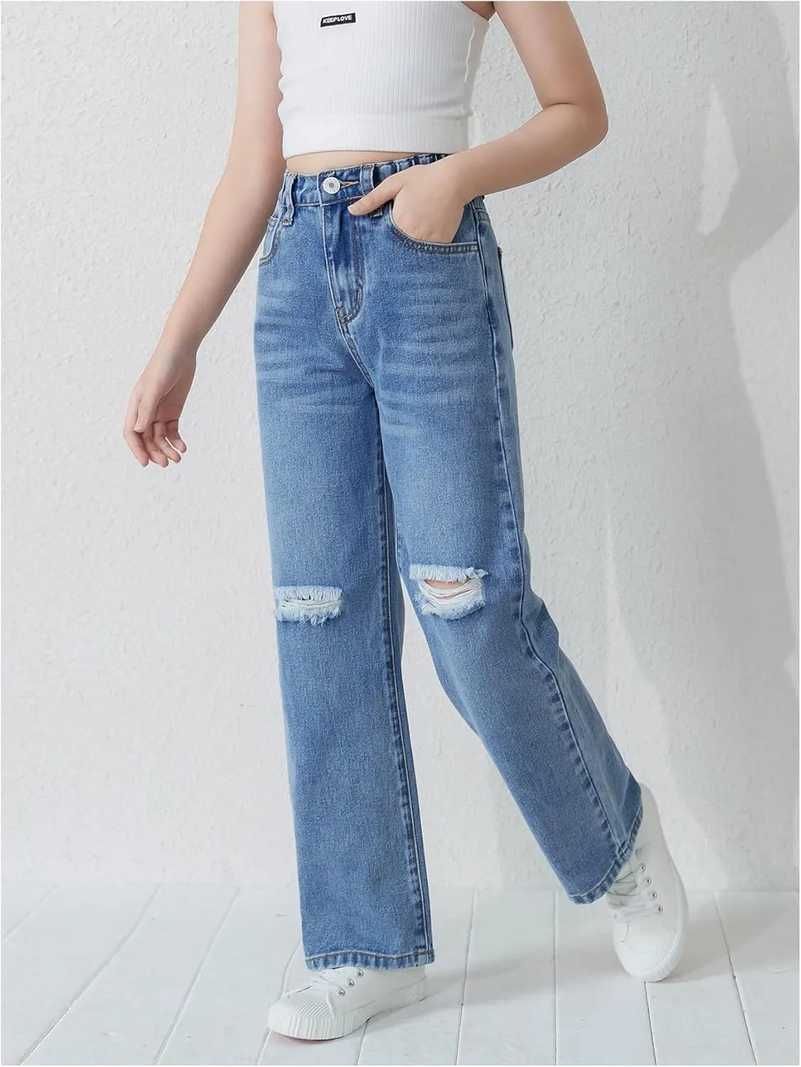 Floerns Girl's Elastic High Waist Ripped Baggy Jeans Wide Leg Distressed Denim Pants