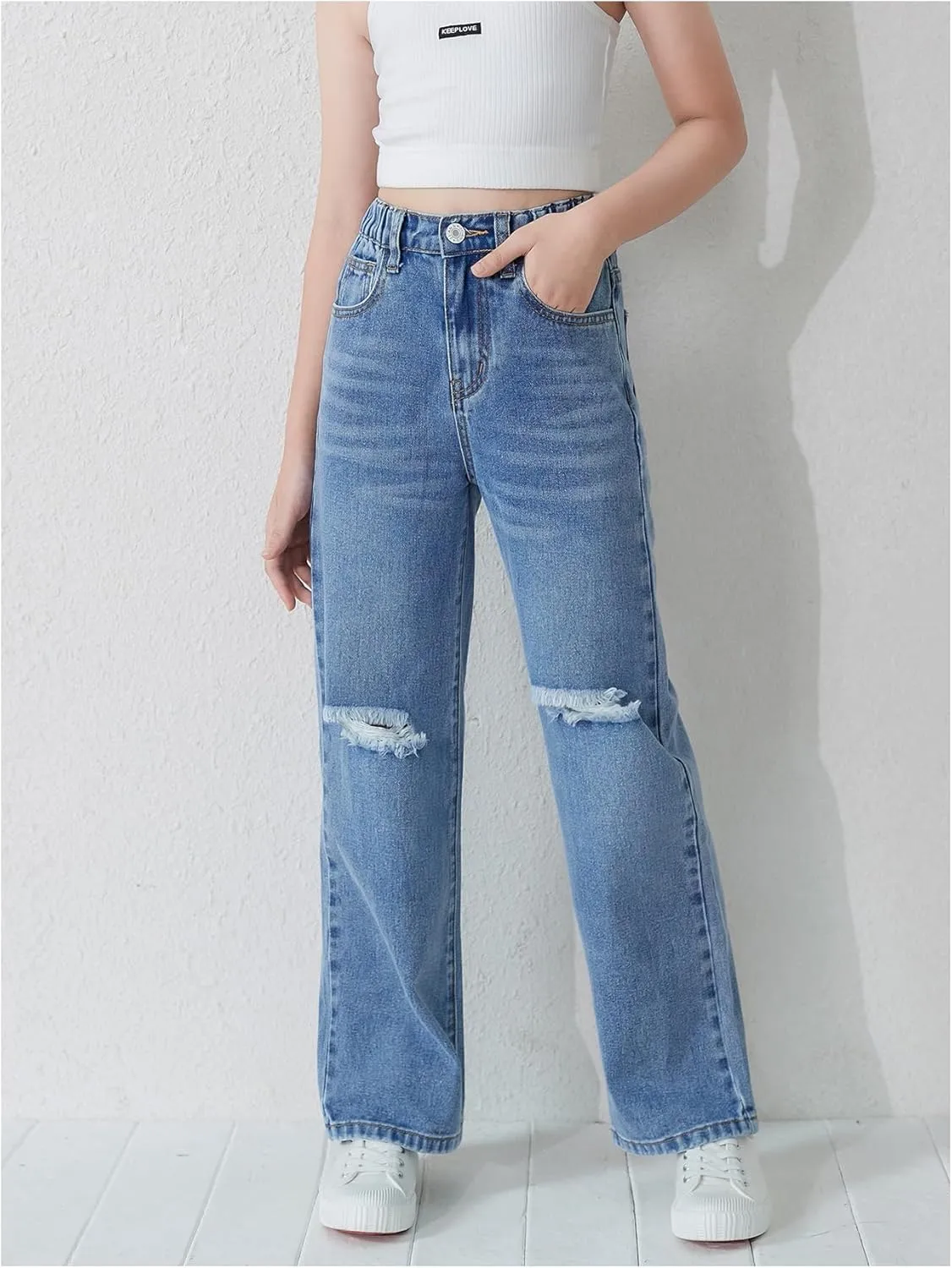 Floerns Girl's Elastic High Waist Ripped Baggy Jeans Wide Leg Distressed Denim Pants