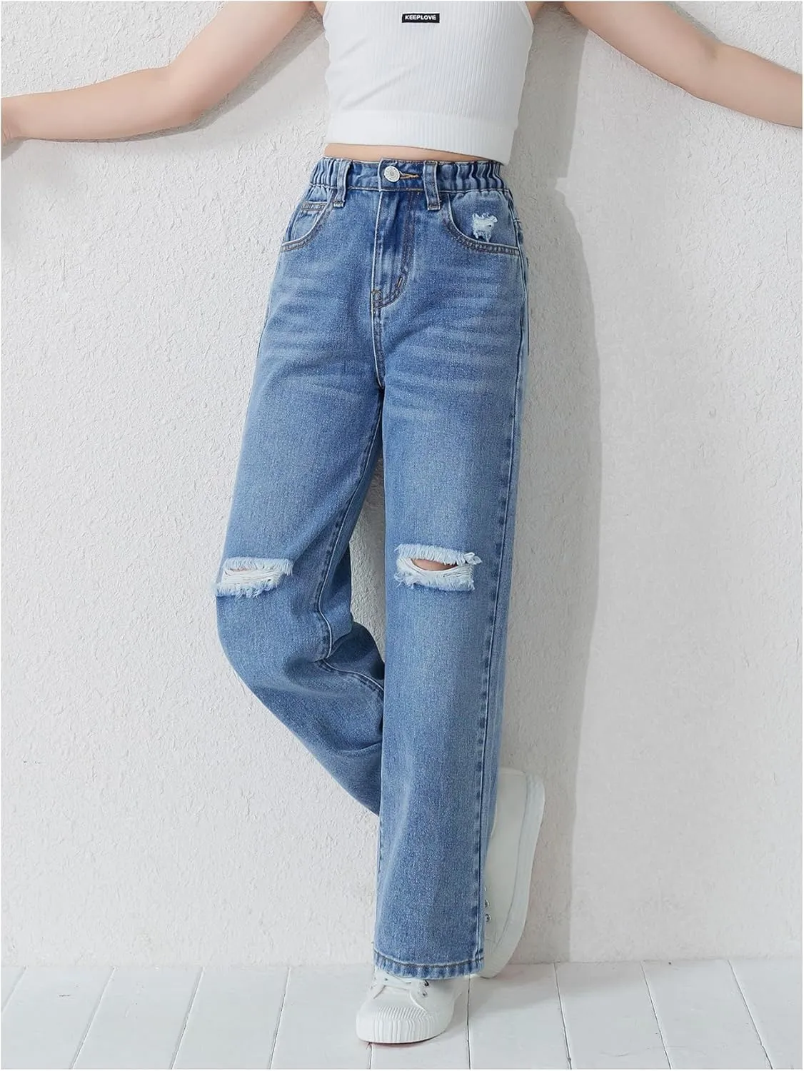 Floerns Girl's Elastic High Waist Ripped Baggy Jeans Wide Leg Distressed Denim Pants
