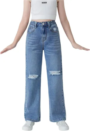 Floerns Girl's Elastic High Waist Ripped Baggy Jeans Wide Leg Distressed Denim Pants