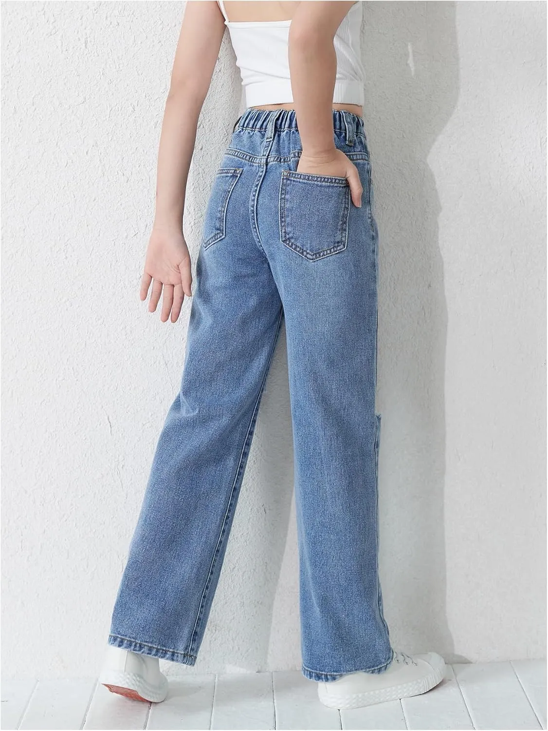 Floerns Girl's Elastic High Waist Ripped Baggy Jeans Wide Leg Distressed Denim Pants