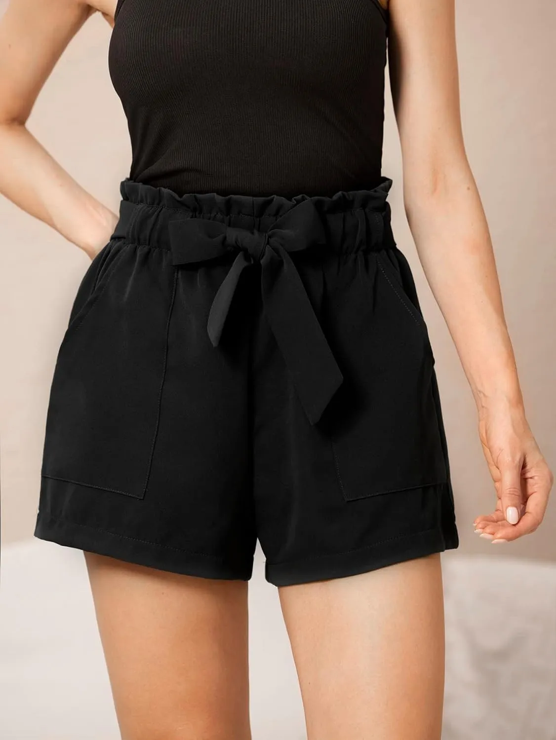 Floerns Women's Elastic Waist Shorts Summer Striped High Waisted Bow Tie Belted Shorts with Pockets