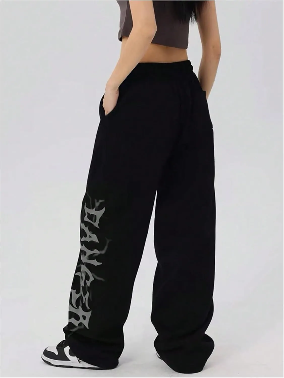 Floerns Women's Letter Print Elastic Wasit Drawstring Sweatpants Wide Leg Baggy Pants