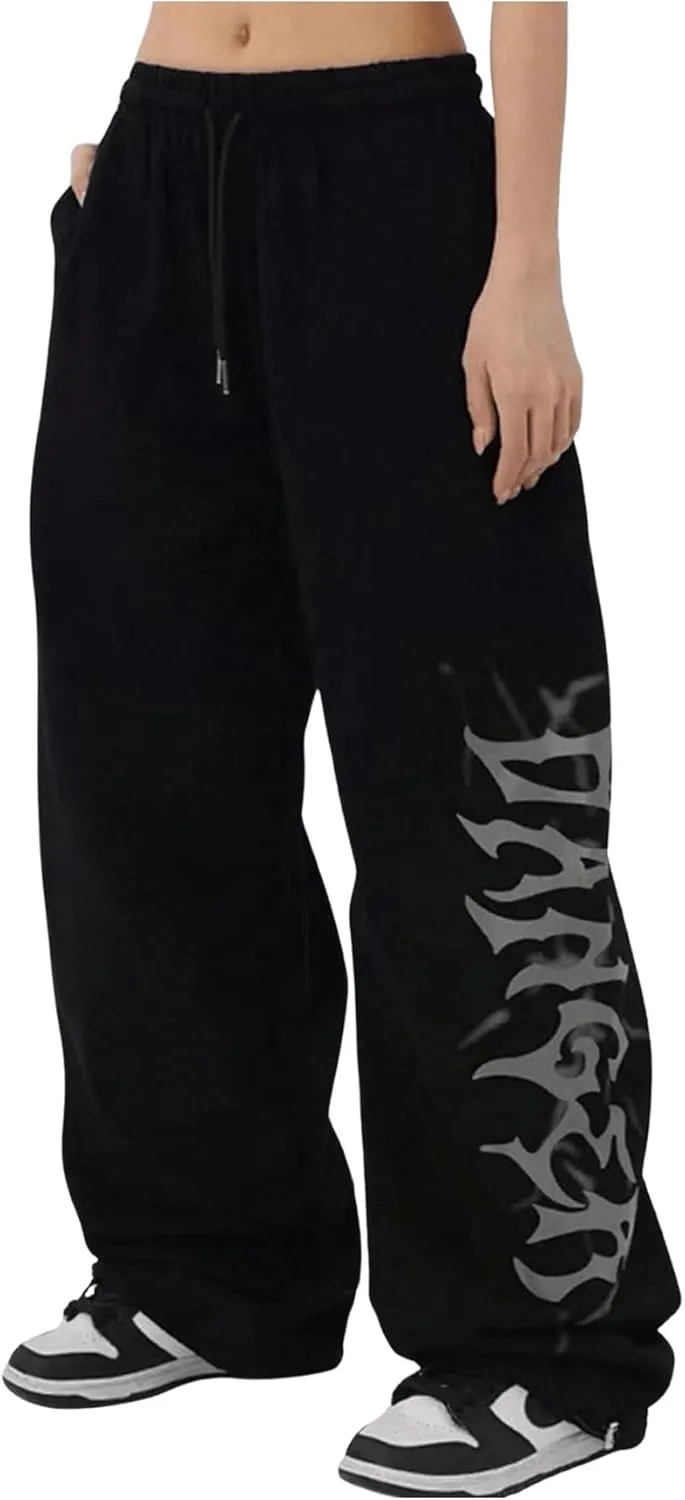 Floerns Women's Letter Print Elastic Wasit Drawstring Sweatpants Wide Leg Baggy Pants