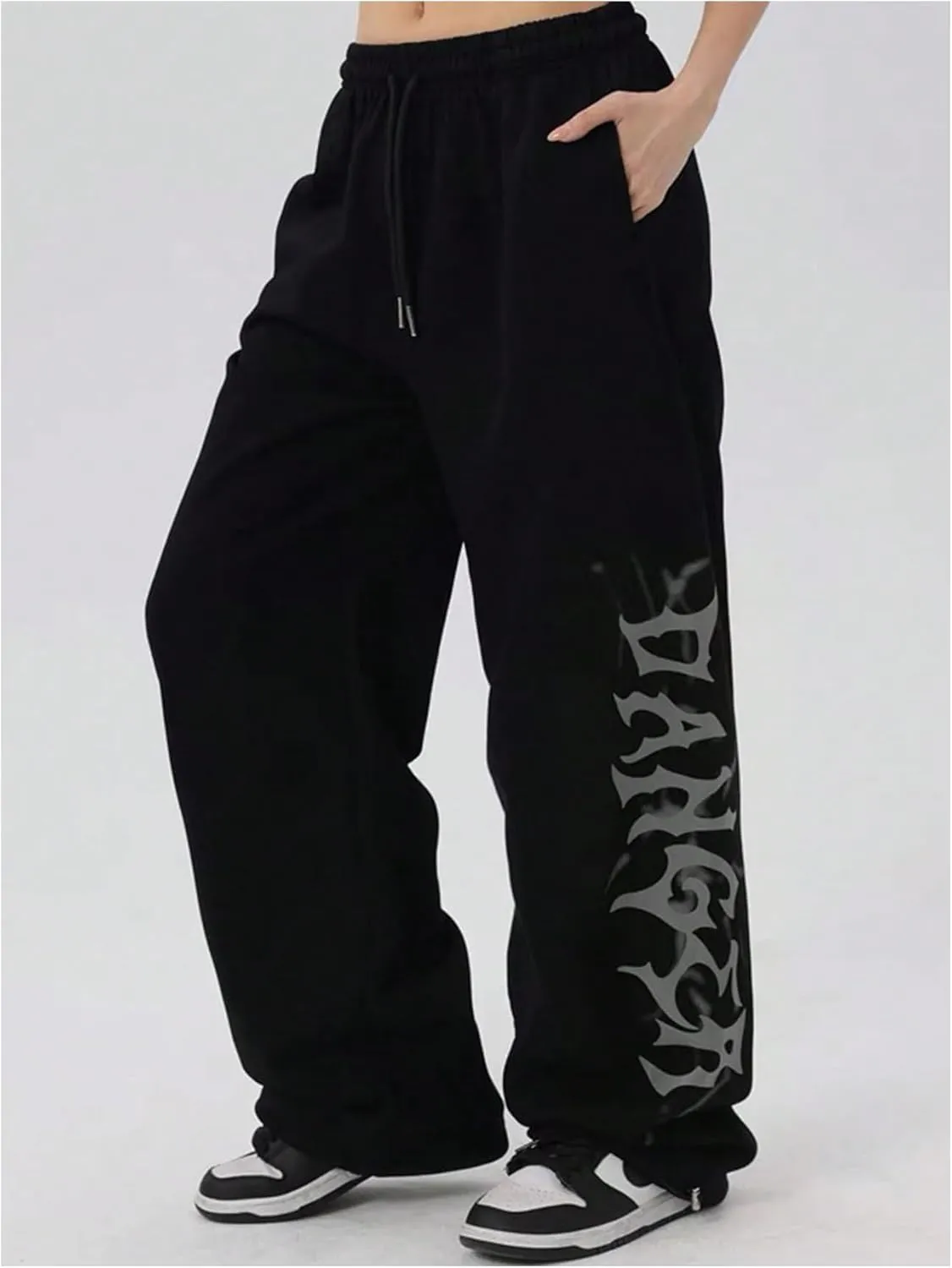 Floerns Women's Letter Print Elastic Wasit Drawstring Sweatpants Wide Leg Baggy Pants