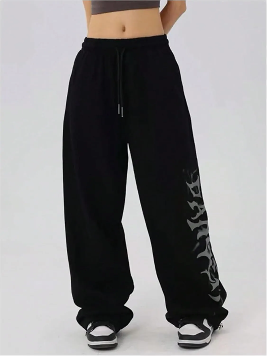 Floerns Women's Letter Print Elastic Wasit Drawstring Sweatpants Wide Leg Baggy Pants