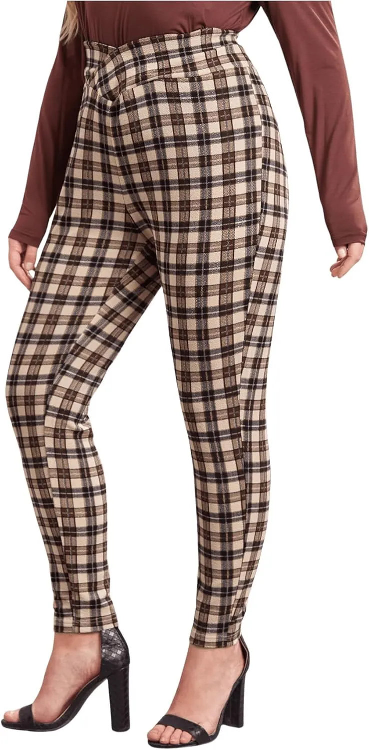 Floerns Women's Plus Size Plaid Pants Leggings Stretchy Elastic Waist Work Skinny Pants