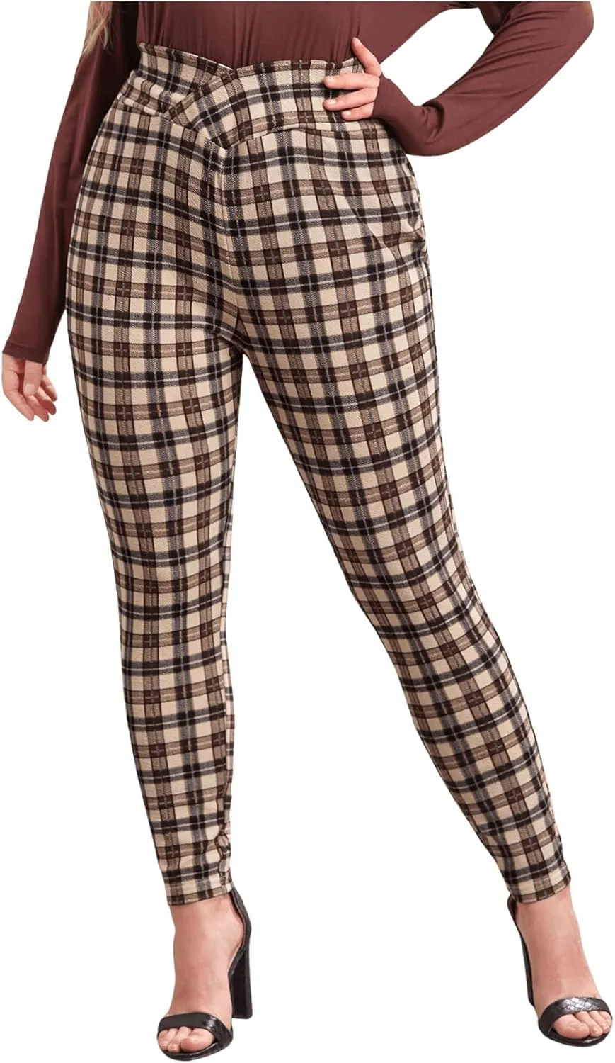 Floerns Women's Plus Size Plaid Pants Leggings Stretchy Elastic Waist Work Skinny Pants