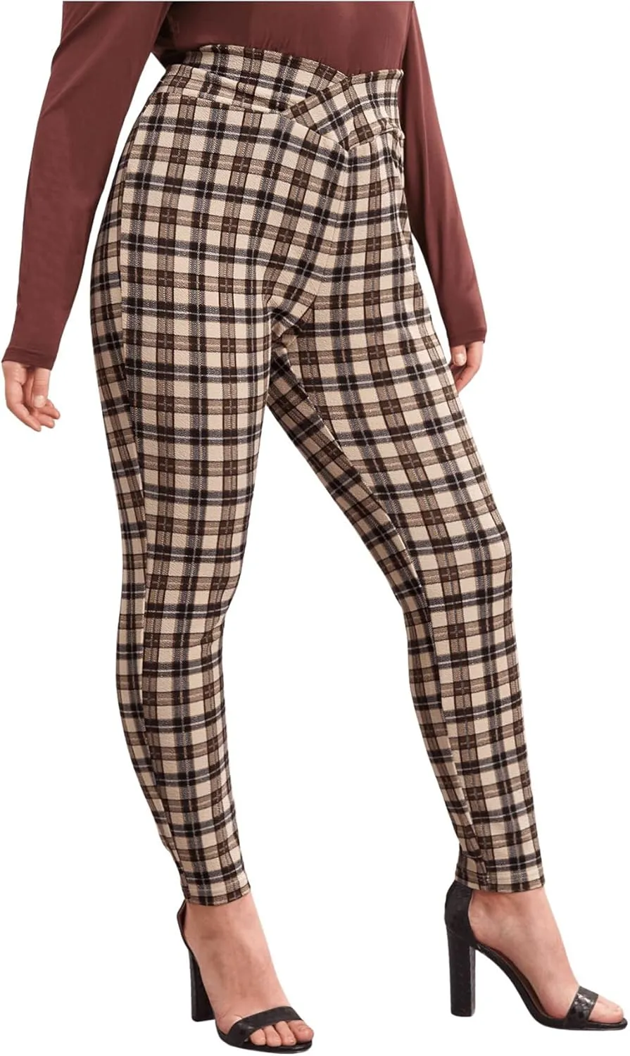 Floerns Women's Plus Size Plaid Pants Leggings Stretchy Elastic Waist Work Skinny Pants