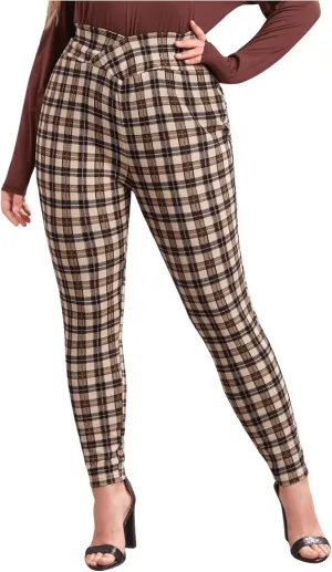 Floerns Women's Plus Size Plaid Pants Leggings Stretchy Elastic Waist Work Skinny Pants