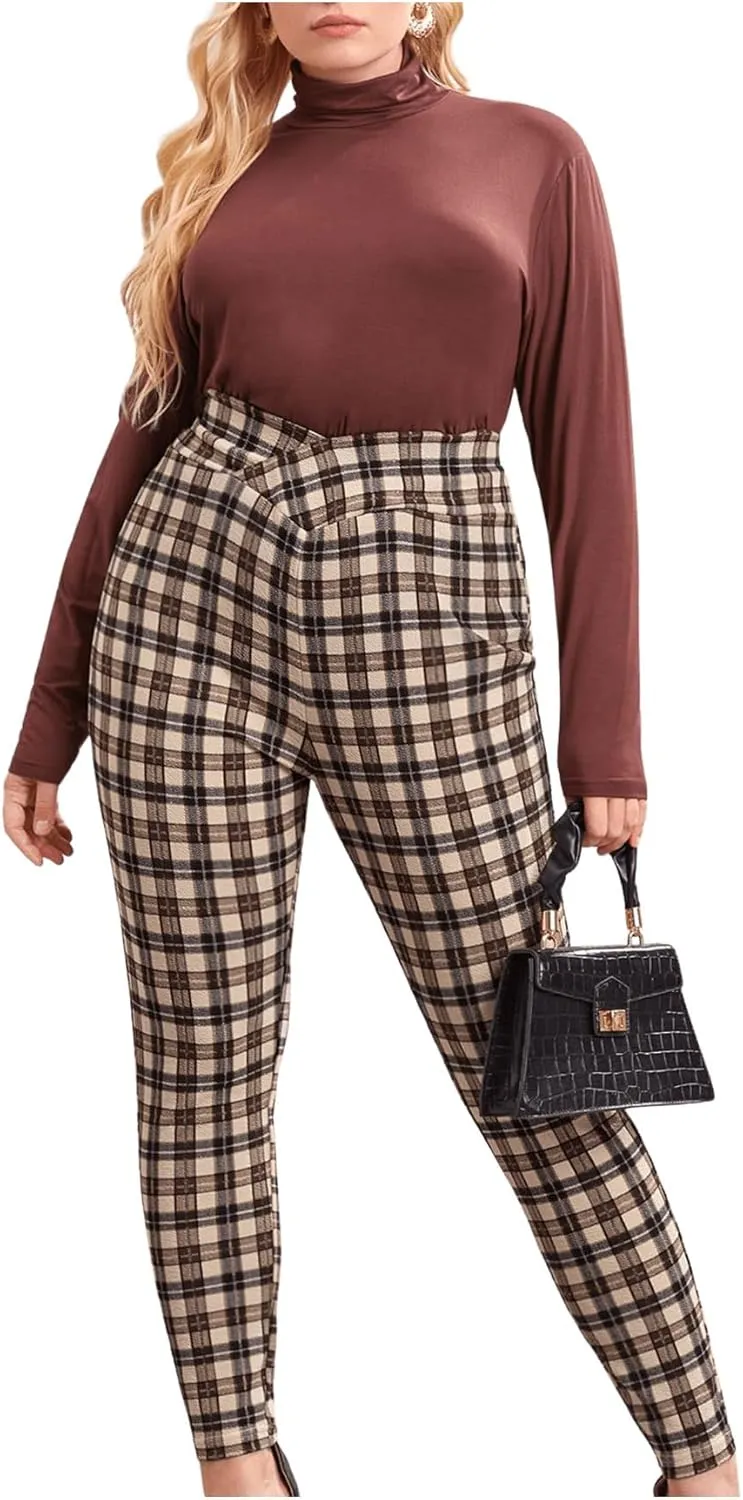 Floerns Women's Plus Size Plaid Pants Leggings Stretchy Elastic Waist Work Skinny Pants