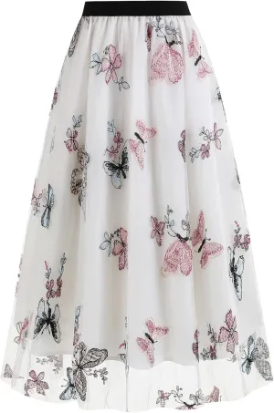 Floral Embroidered Women's Skirts - Vintage Tulle Wedding & Prom A-Line Flower Skirts with Elastic Waist