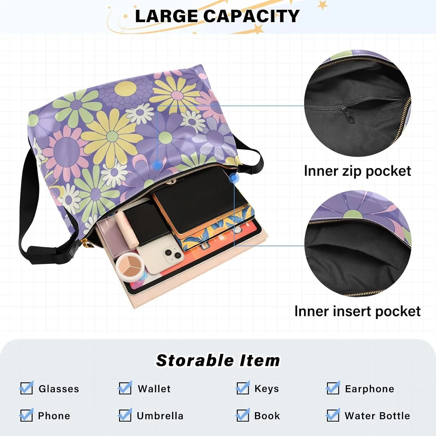 Floral Herbarium Style Colored Women PU Leather Hobo Bag Large Crossbody Purse Floral Print Women Shoulder Purse
