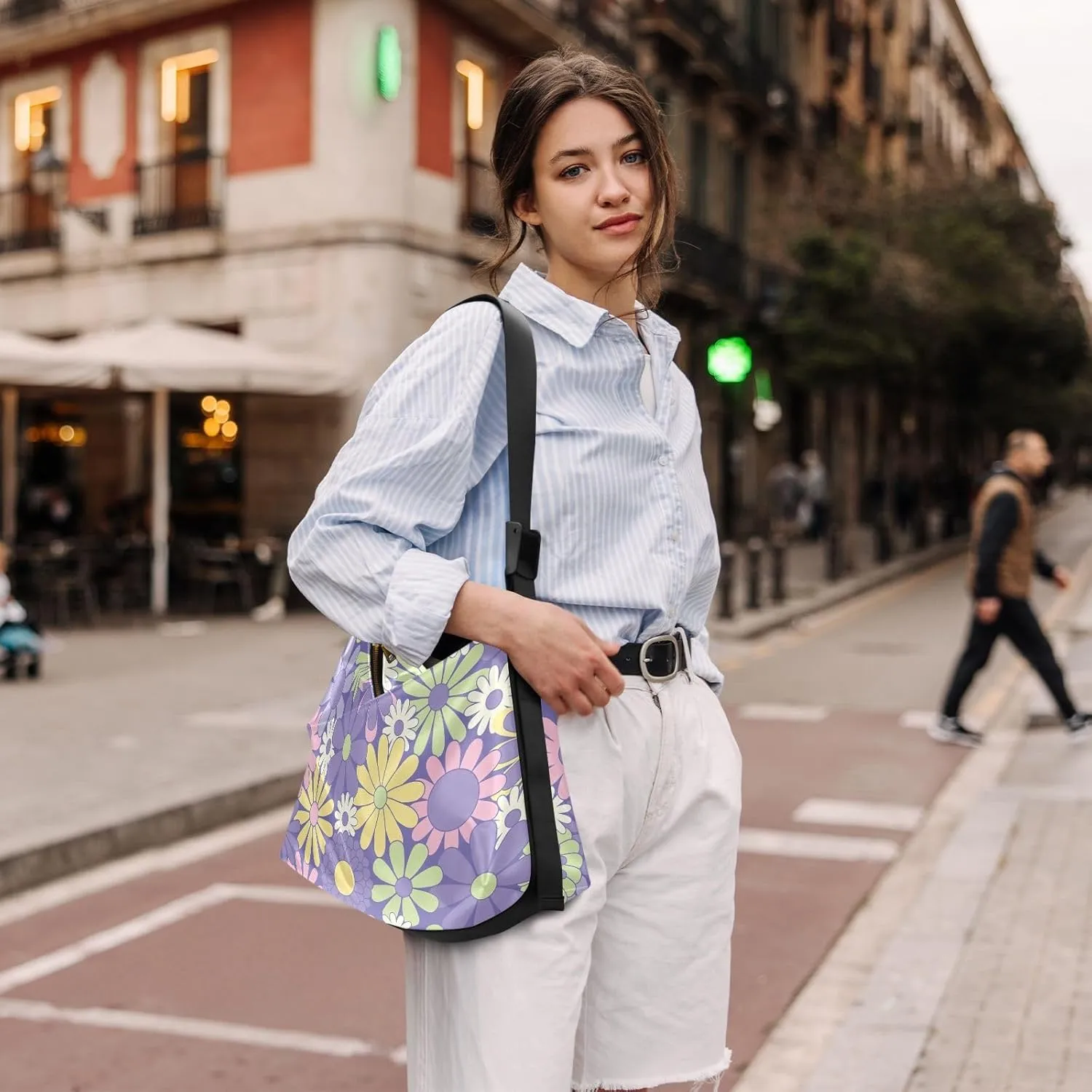 Floral Herbarium Style Colored Women PU Leather Hobo Bag Large Crossbody Purse Floral Print Women Shoulder Purse