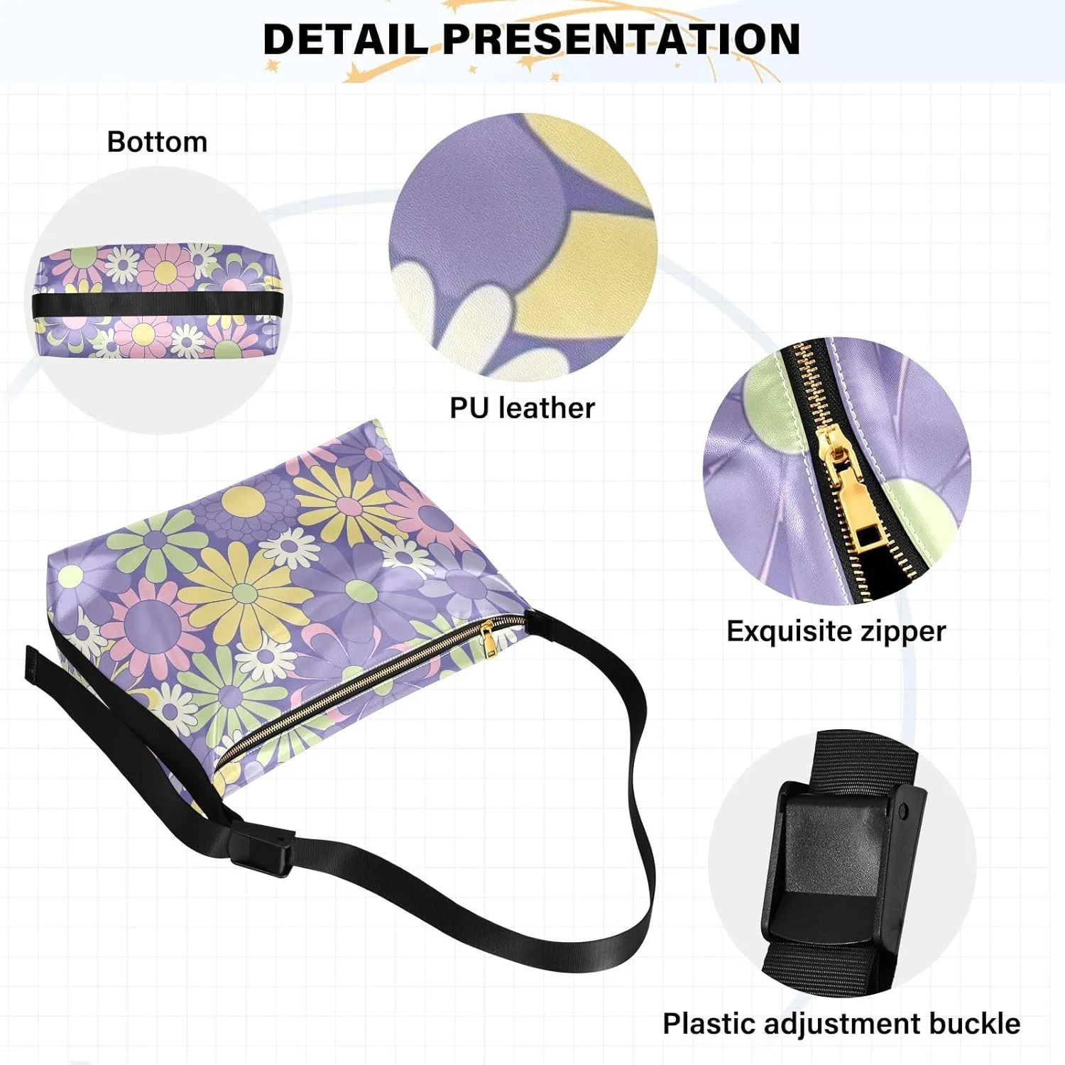 Floral Herbarium Style Colored Women PU Leather Hobo Bag Large Crossbody Purse Floral Print Women Shoulder Purse