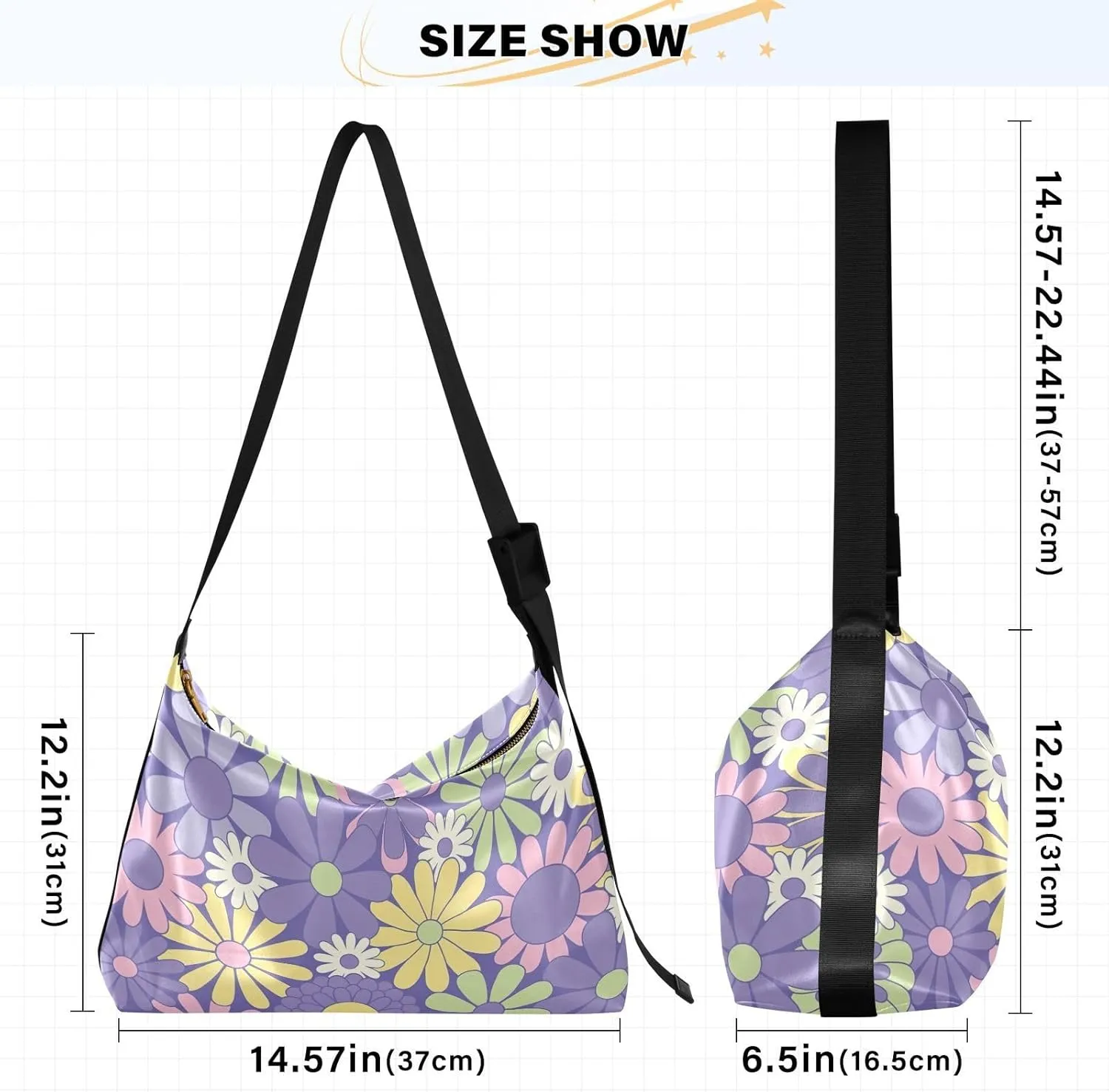 Floral Herbarium Style Colored Women PU Leather Hobo Bag Large Crossbody Purse Floral Print Women Shoulder Purse