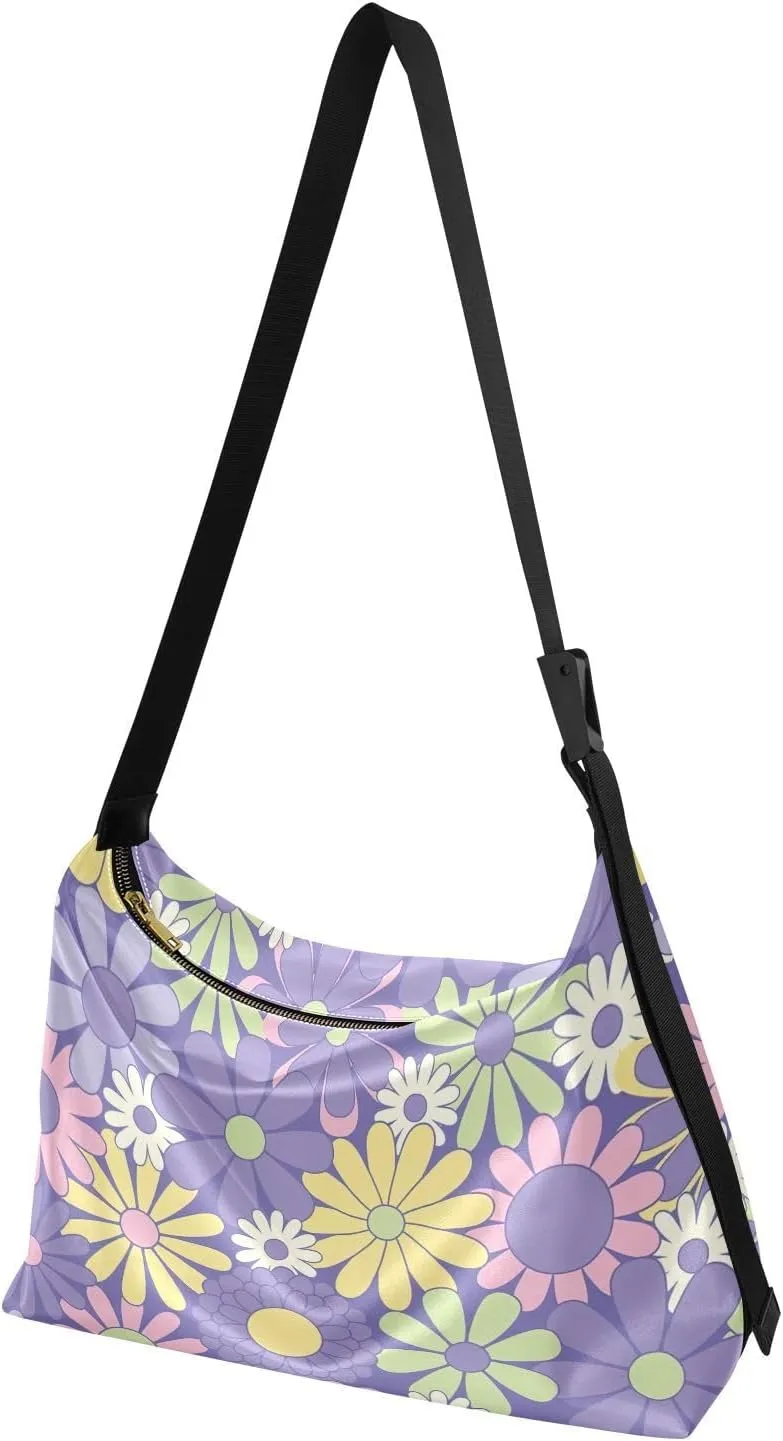 Floral Herbarium Style Colored Women PU Leather Hobo Bag Large Crossbody Purse Floral Print Women Shoulder Purse