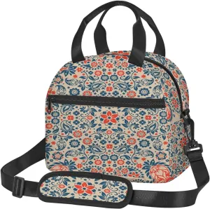 Floral,Insulated Lunch Bag for Women/Men,Floral Ornate Pattern Cultural,Reusable Leakproof Cooler Tote Bag Organizer with Adjustable Shoulder Strap for Adult,Orange Blue