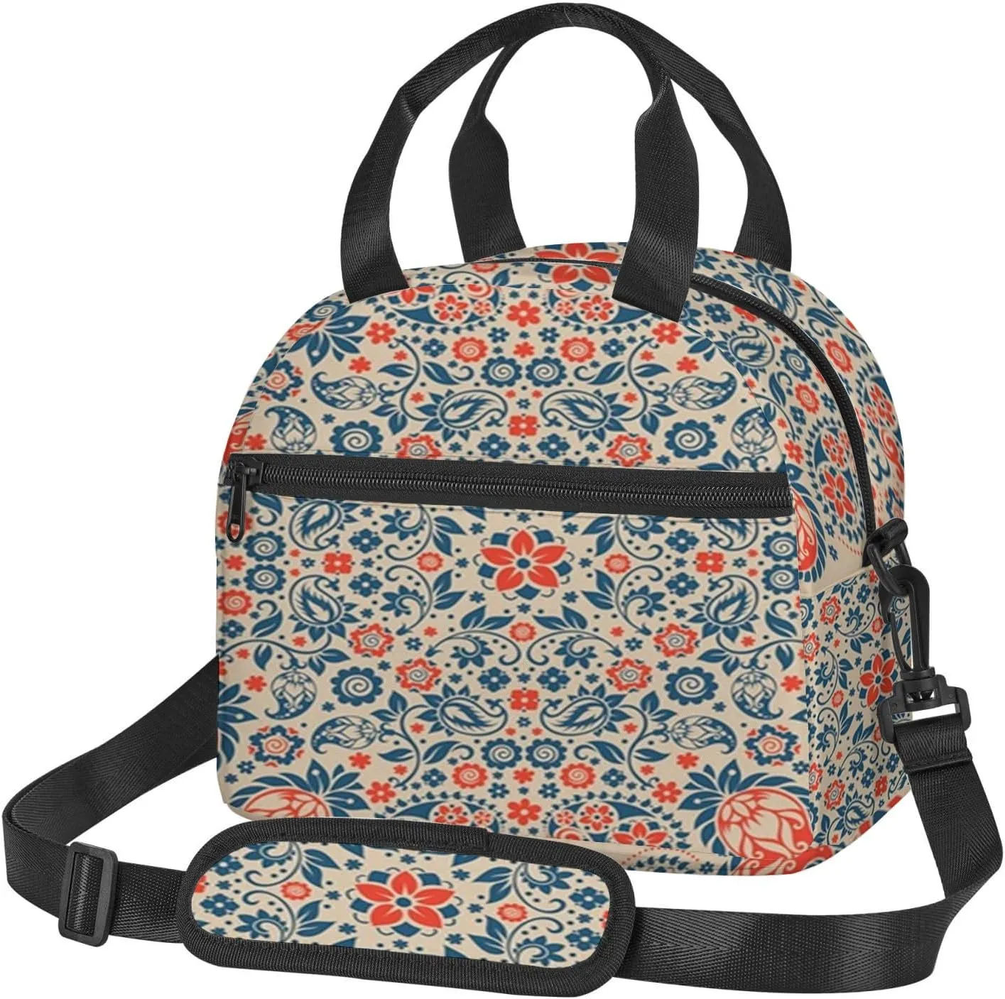 Floral,Insulated Lunch Bag for Women/Men,Floral Ornate Pattern Cultural,Reusable Leakproof Cooler Tote Bag Organizer with Adjustable Shoulder Strap for Adult,Orange Blue