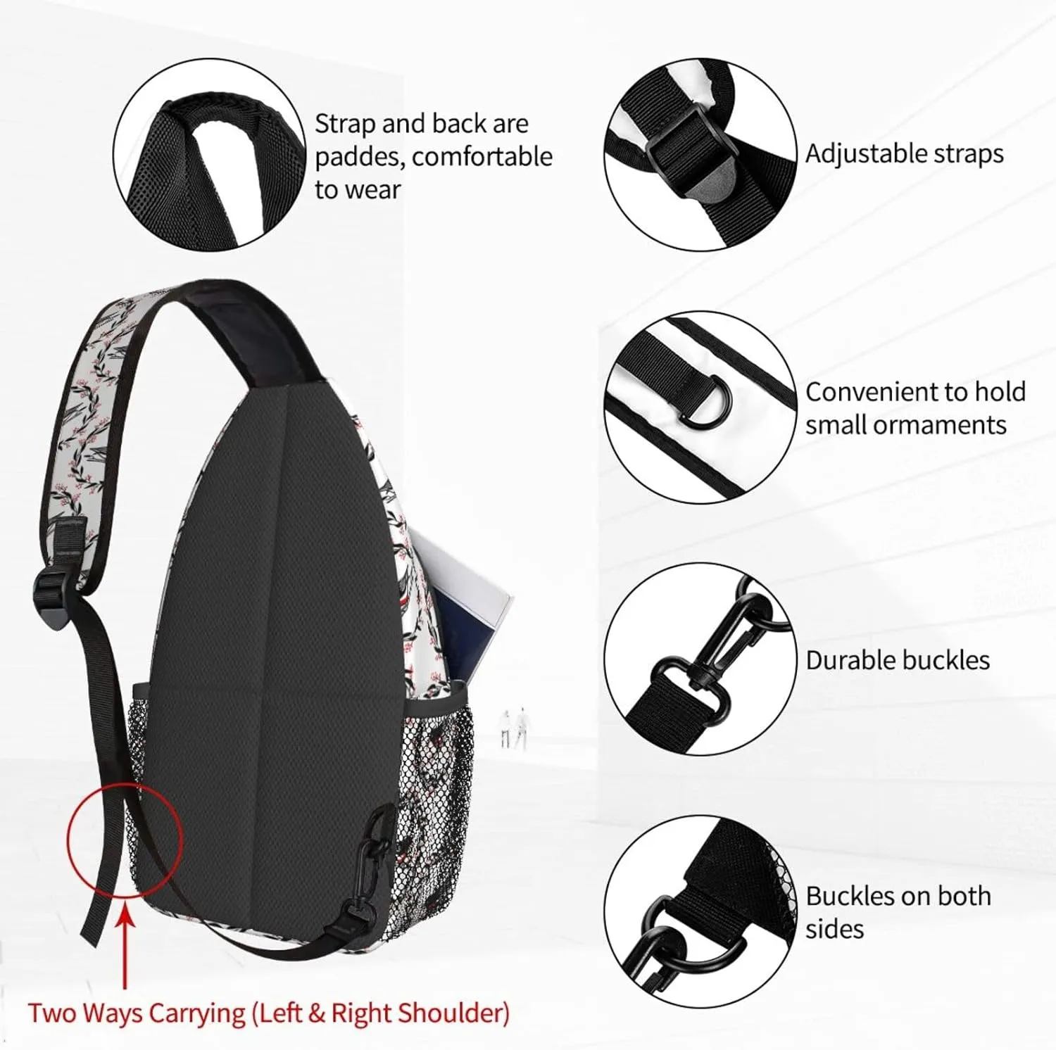 Flower Garland Bird Sling Bag For Women Crossbody Shoulder Bag Casual Daypack Backpacks Men Chest Bag Gym Cycling Travel Hiking