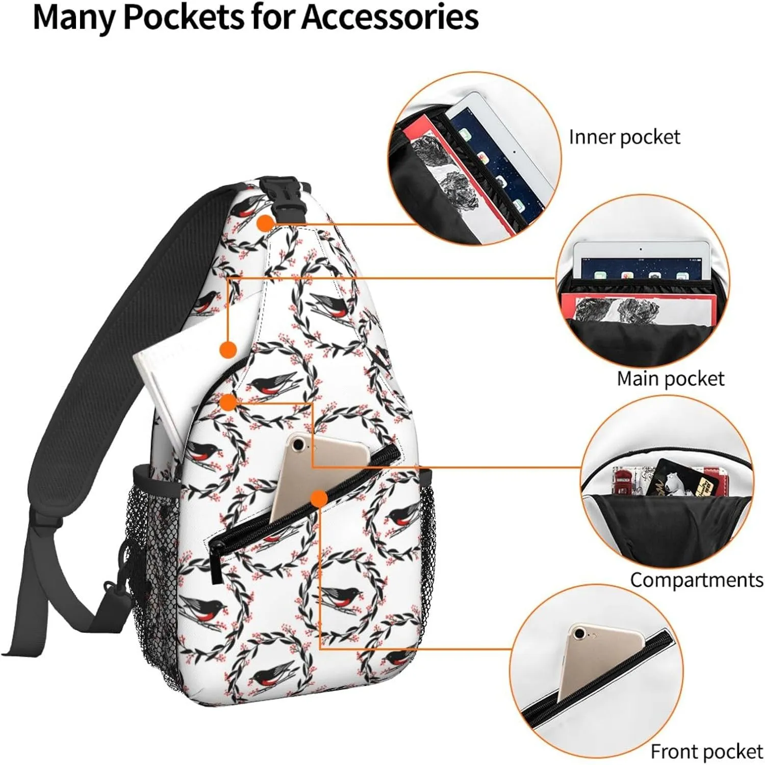 Flower Garland Bird Sling Bag For Women Crossbody Shoulder Bag Casual Daypack Backpacks Men Chest Bag Gym Cycling Travel Hiking